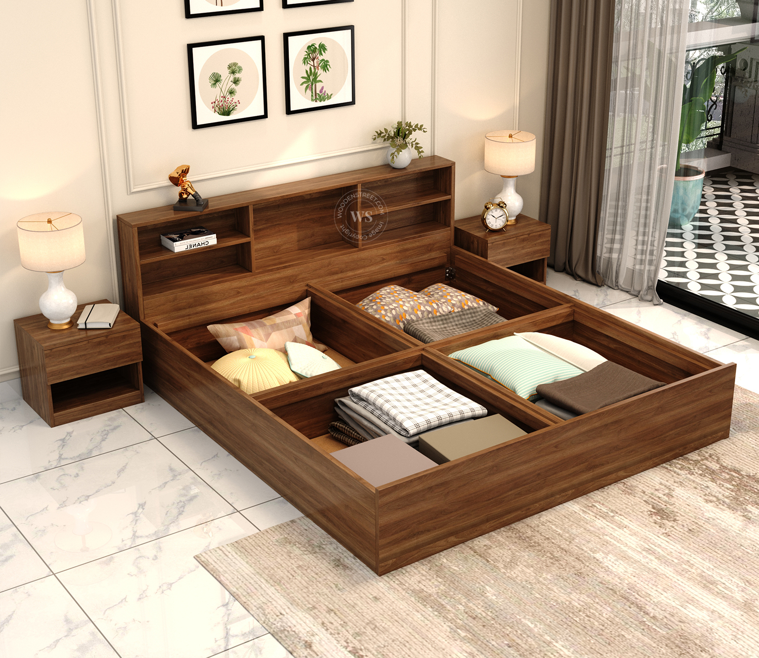 Orka Home Barriss Bed with Box Storage King Size (Columbian Walnut Finish) view 2