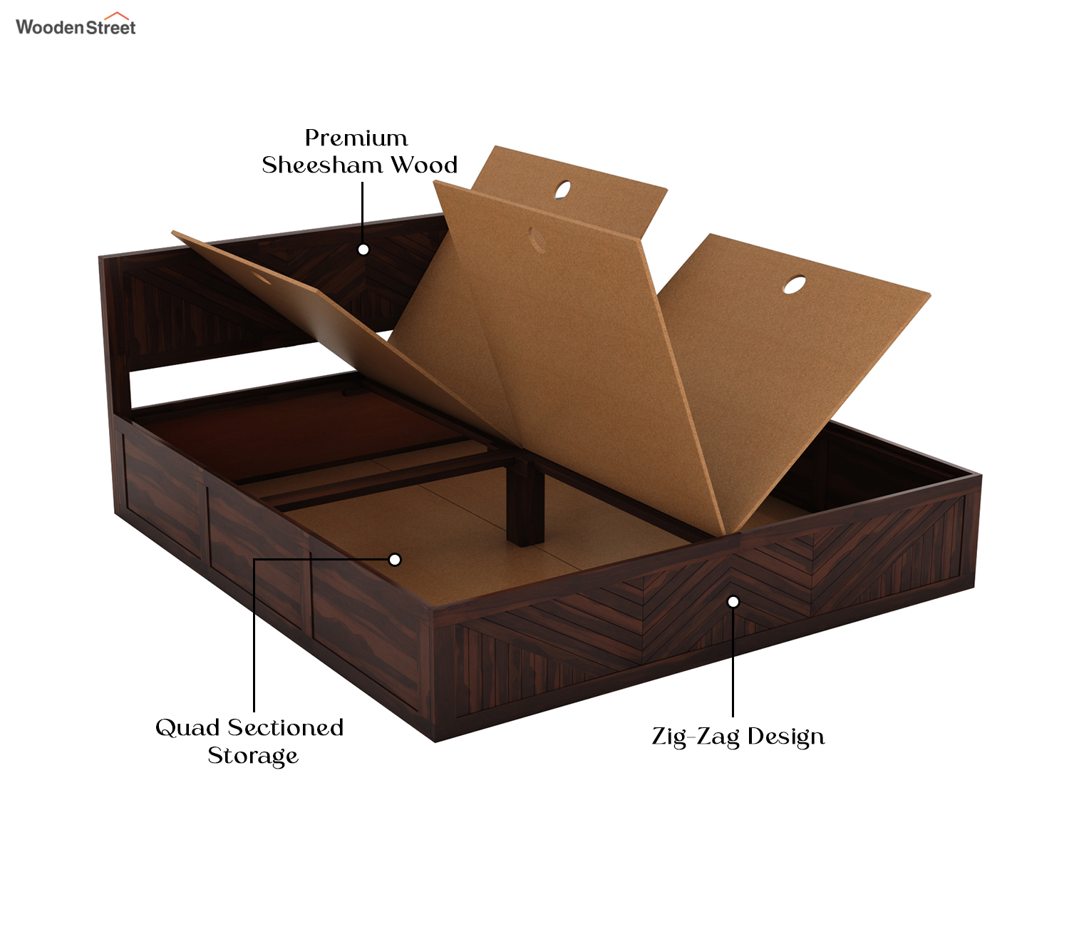 Fidora Sheesham Wood Bed with Box Storage King Size (Walnut Finish) view 4