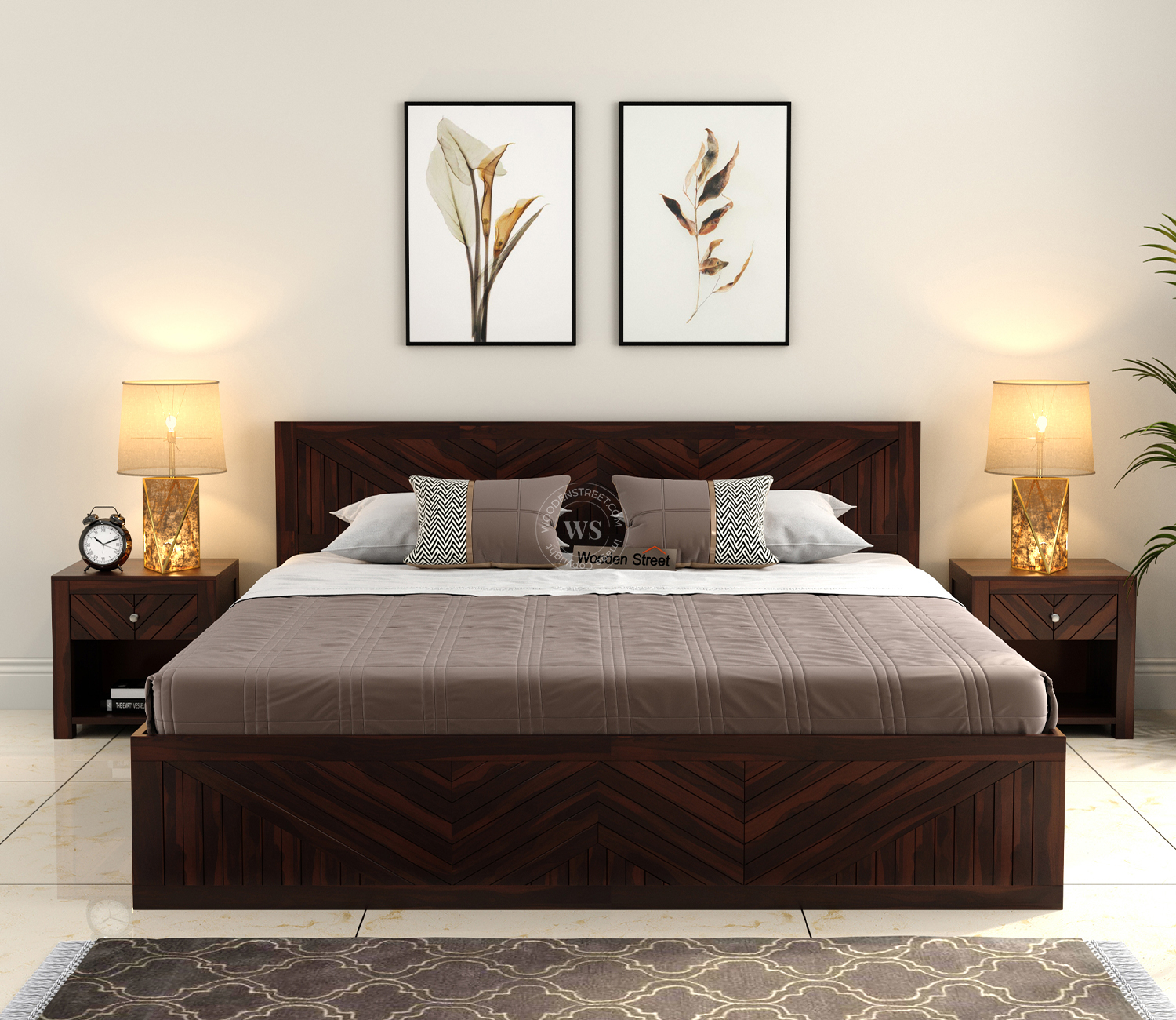 Fidora Sheesham Wood Bed with Box Storage King Size (Walnut Finish)