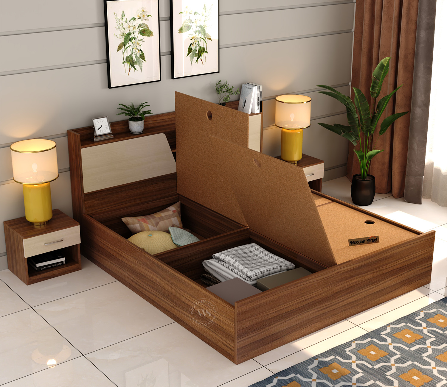 Evaline Bed with Box Storage Queen Size (Exotic Teak Finish)