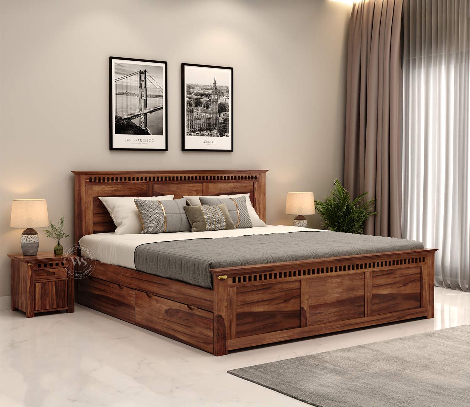 Adolph Bed with Storage Queen Size (Honey Finish) view 3