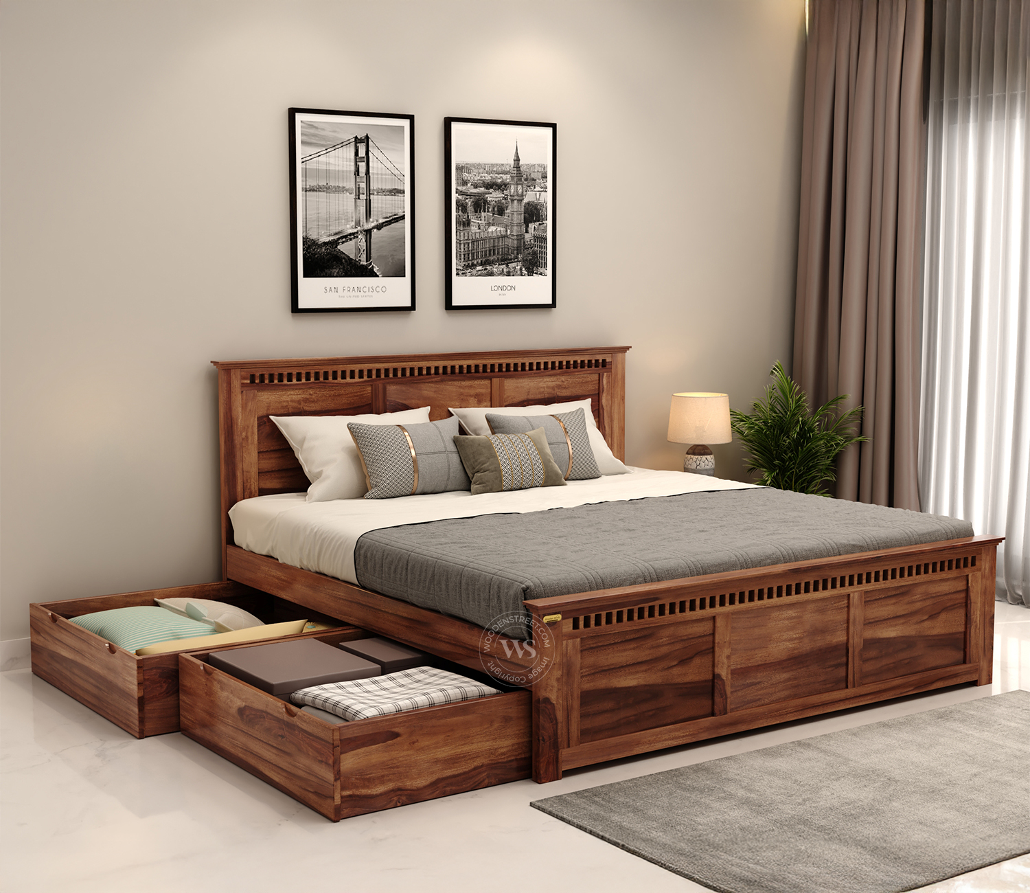 Adolph Bed with Storage Queen Size (Honey Finish) view 4
