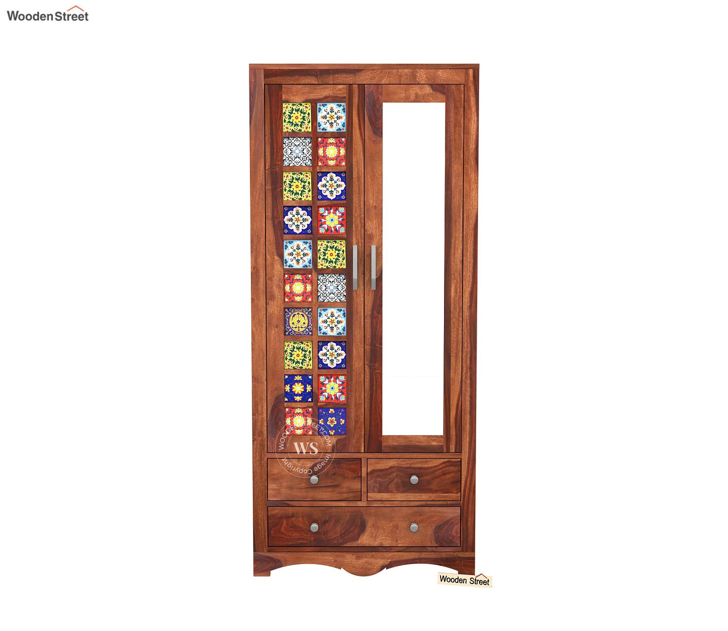 Boho 2 Door Multi-Utility Wardrobe with Mirror – Honey Finish view 3