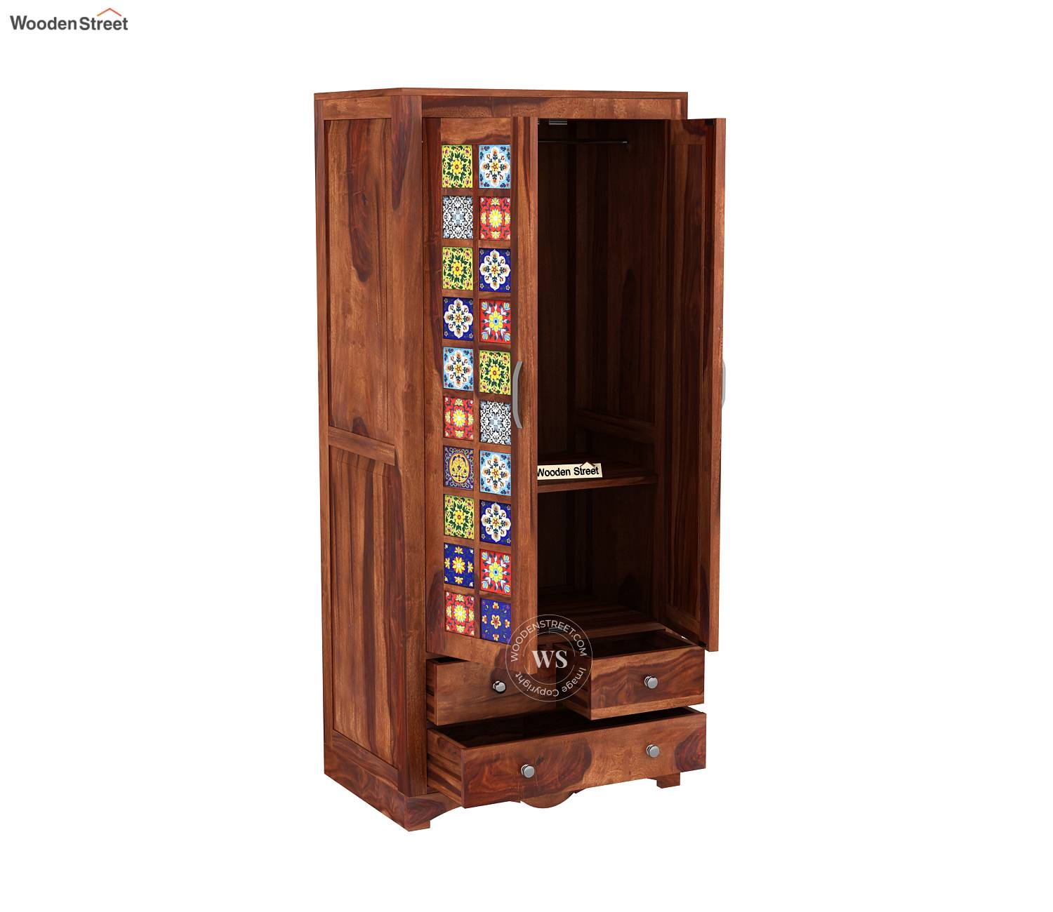 Boho 2 Door Multi-Utility Wardrobe with Mirror – Honey Finish view 2