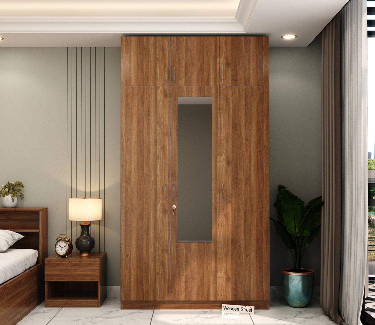 Haydon 3 Door Multi-Utility Wardrobe with Mirror and Loft – Columbian Walnut Finish view 2