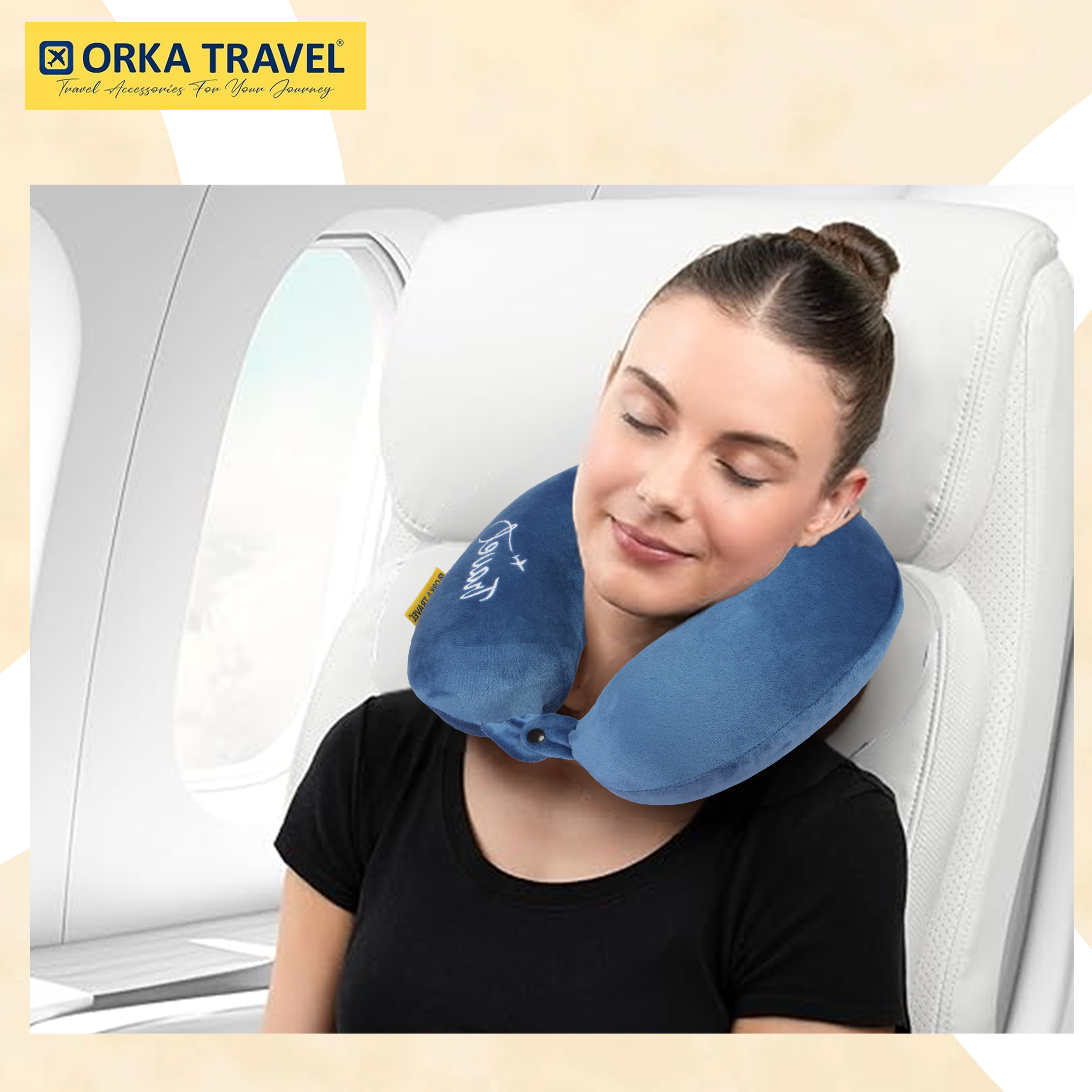 Orka Travel Solid Super Soft Embroidery Memory Foam U Neck - Blue view 2