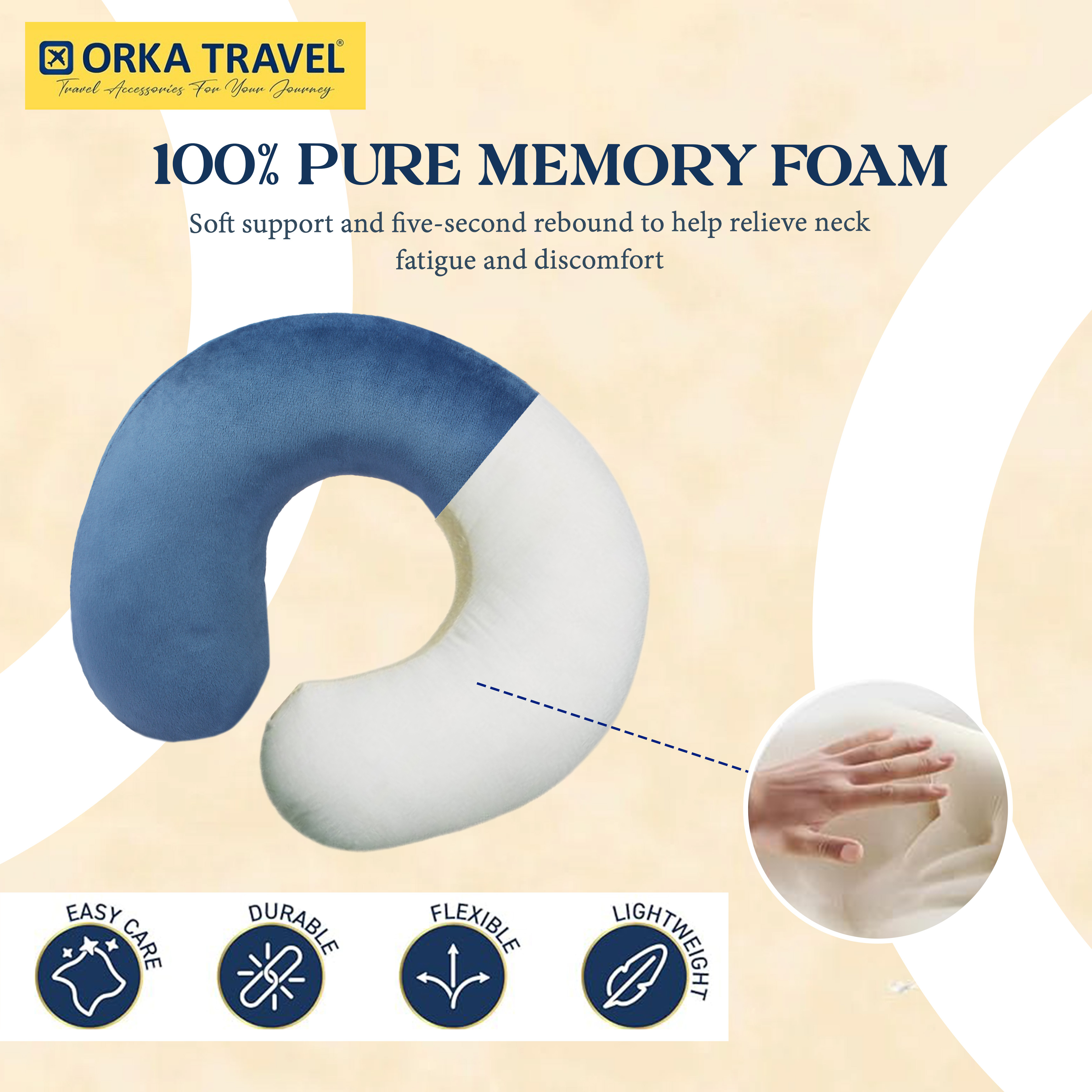 Orka Travel Solid Super Soft Embroidery Memory Foam U Neck - Blue view 3