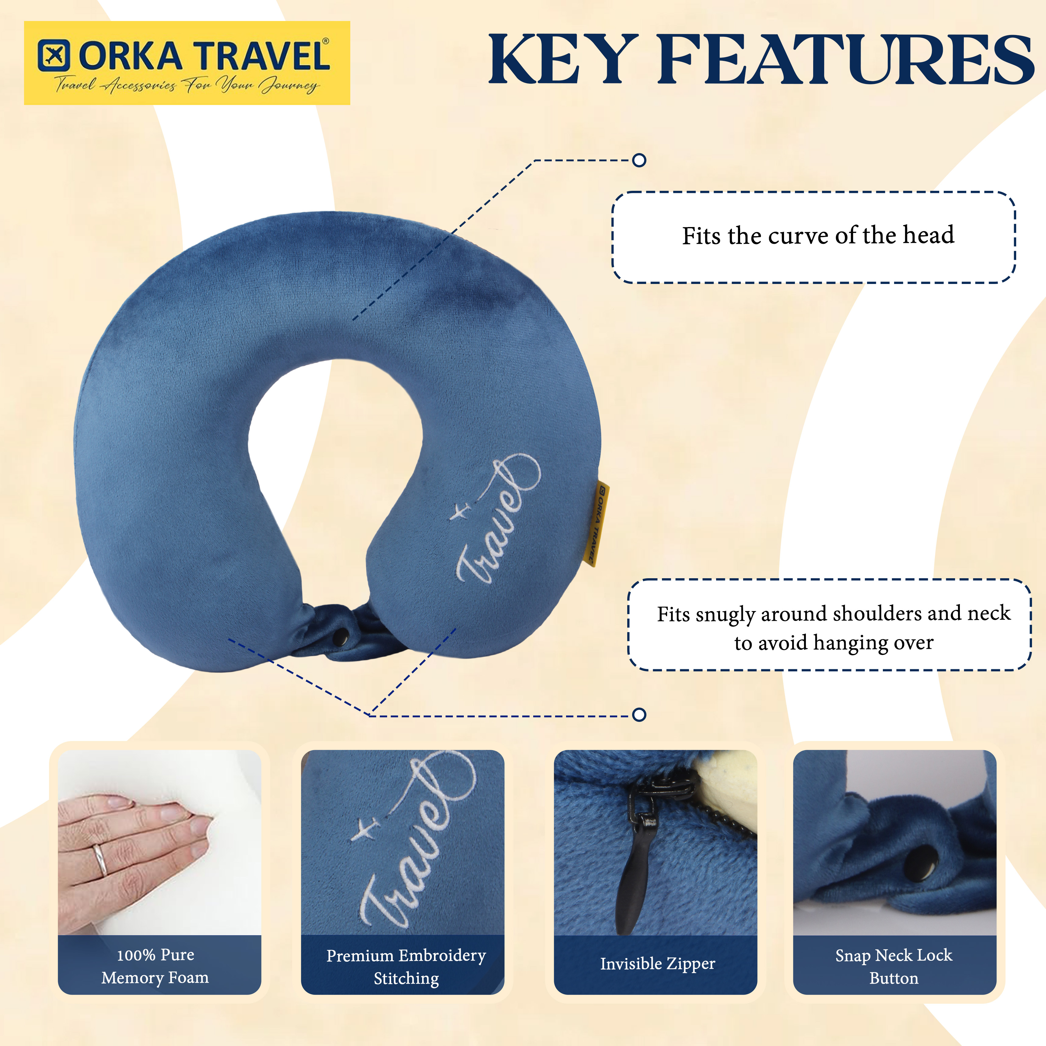 Orka Travel Solid Super Soft Embroidery Memory Foam U Neck - Blue view 5