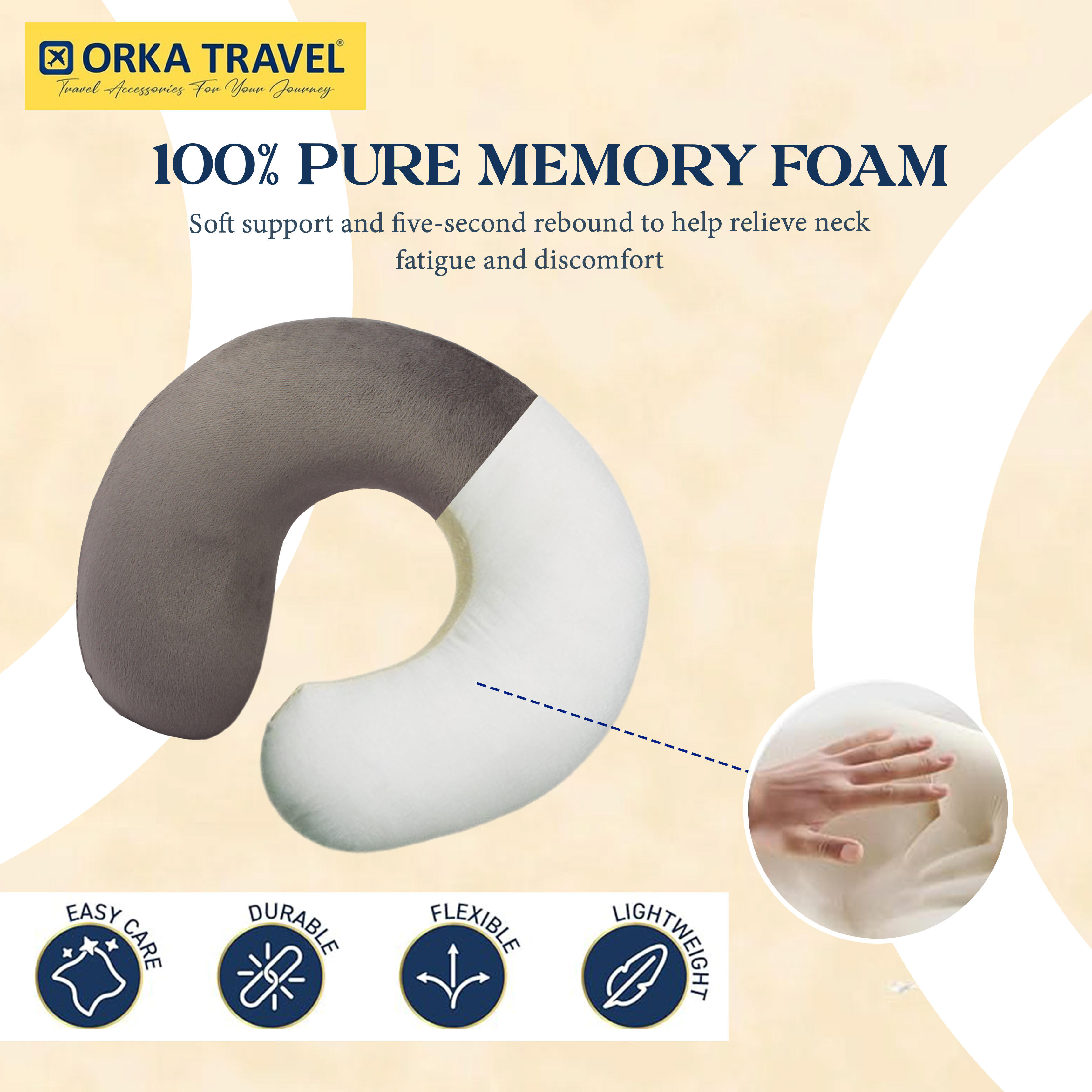 Orka Travel Solid Super Soft Embroidery Memory Foam U Neck - Grey view 2