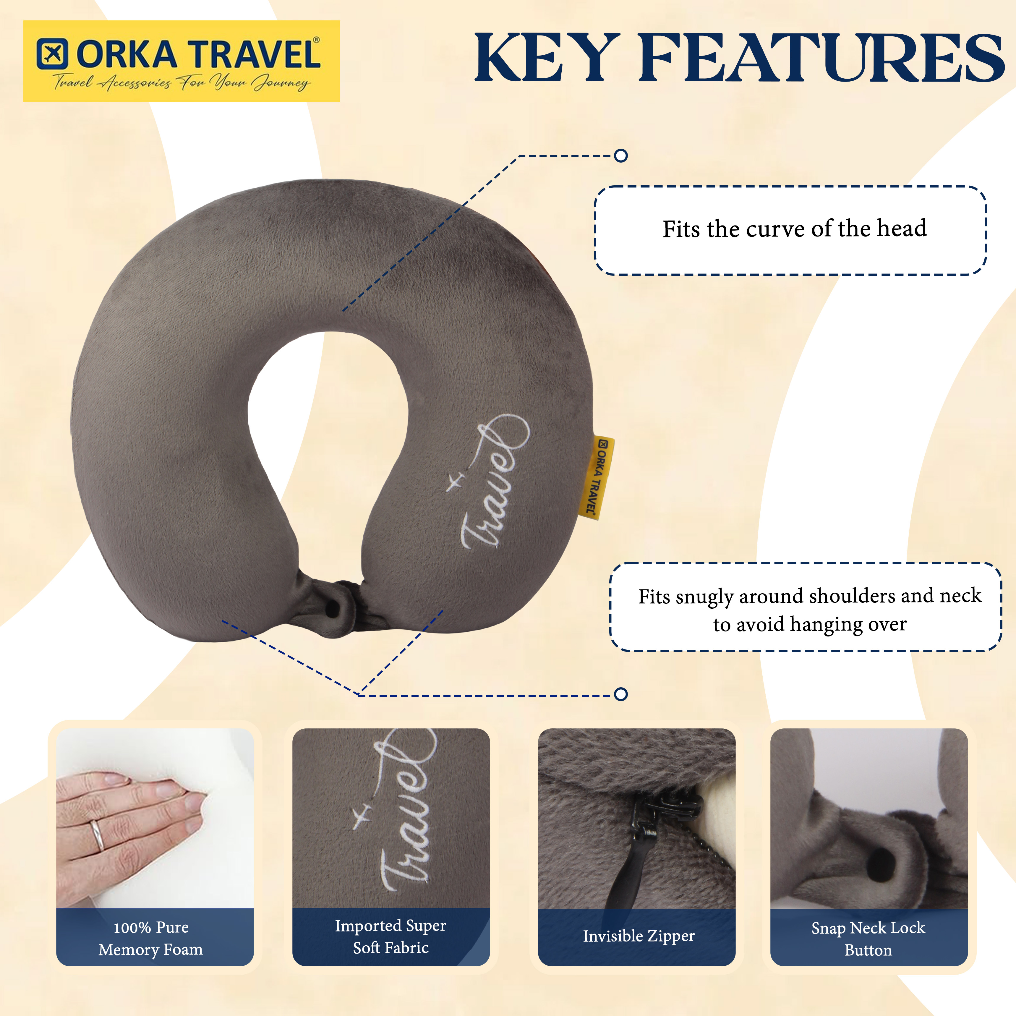 Orka Travel Solid Super Soft Embroidery Memory Foam U Neck - Grey view 4