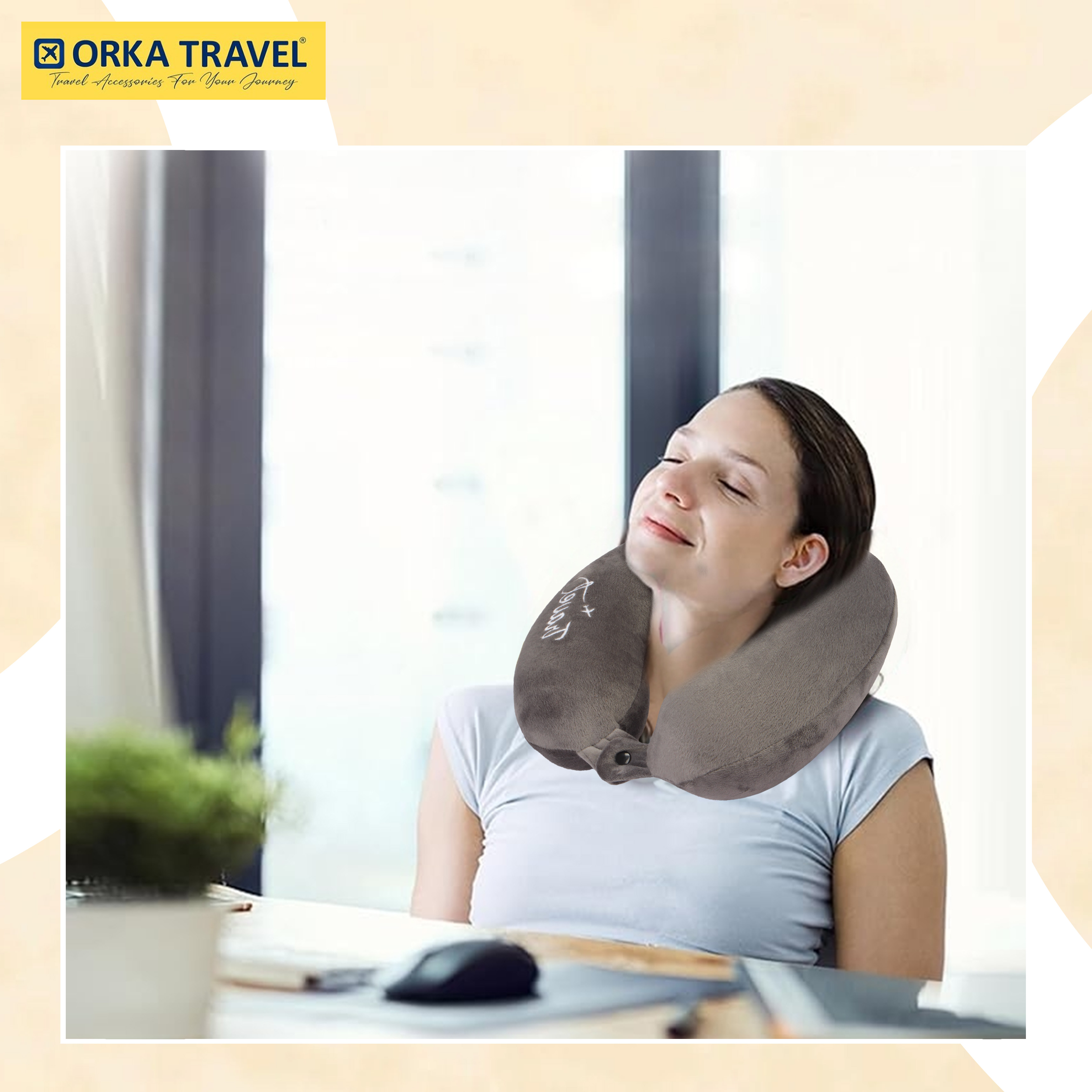 Orka Travel Solid Super Soft Embroidery Memory Foam U Neck - Grey view 5