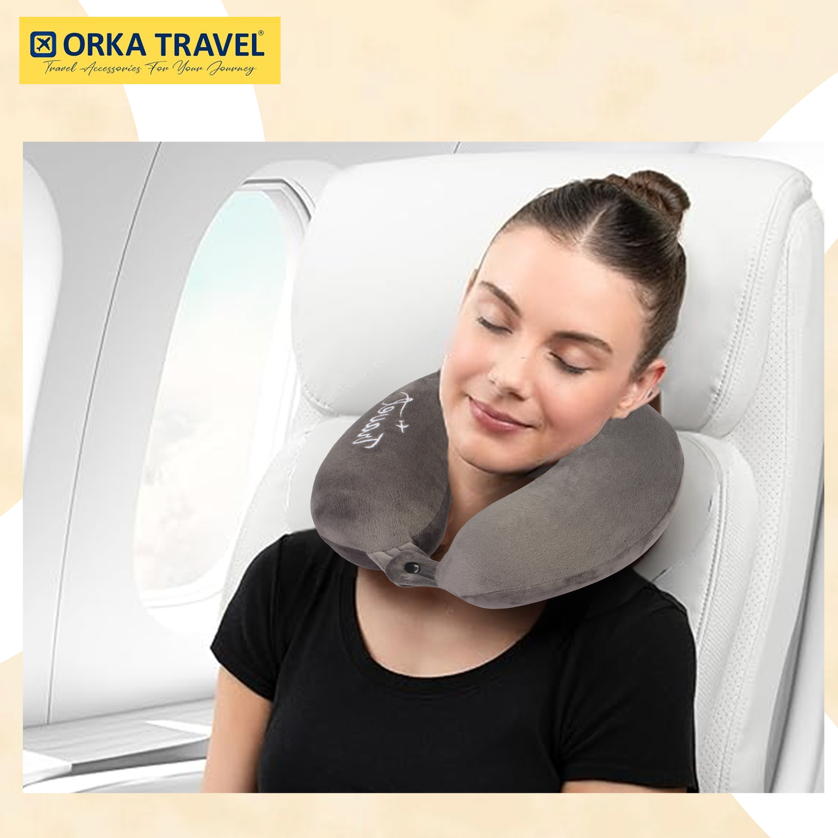 Orka Travel Solid Super Soft Embroidery Memory Foam U Neck - Grey view 6