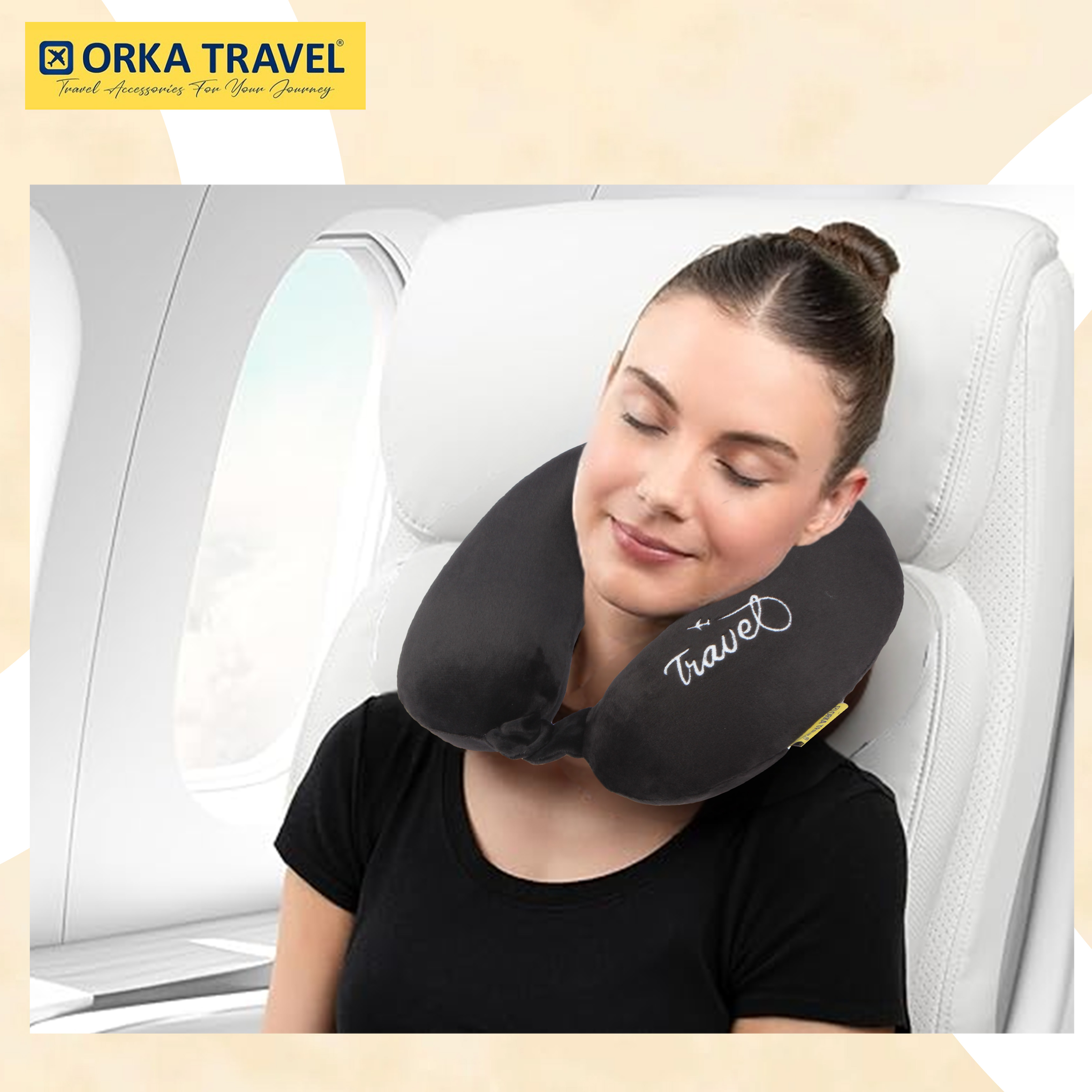 Orka Travel Solid Super Soft Embroidery Memory Foam U Neck - Black view 2