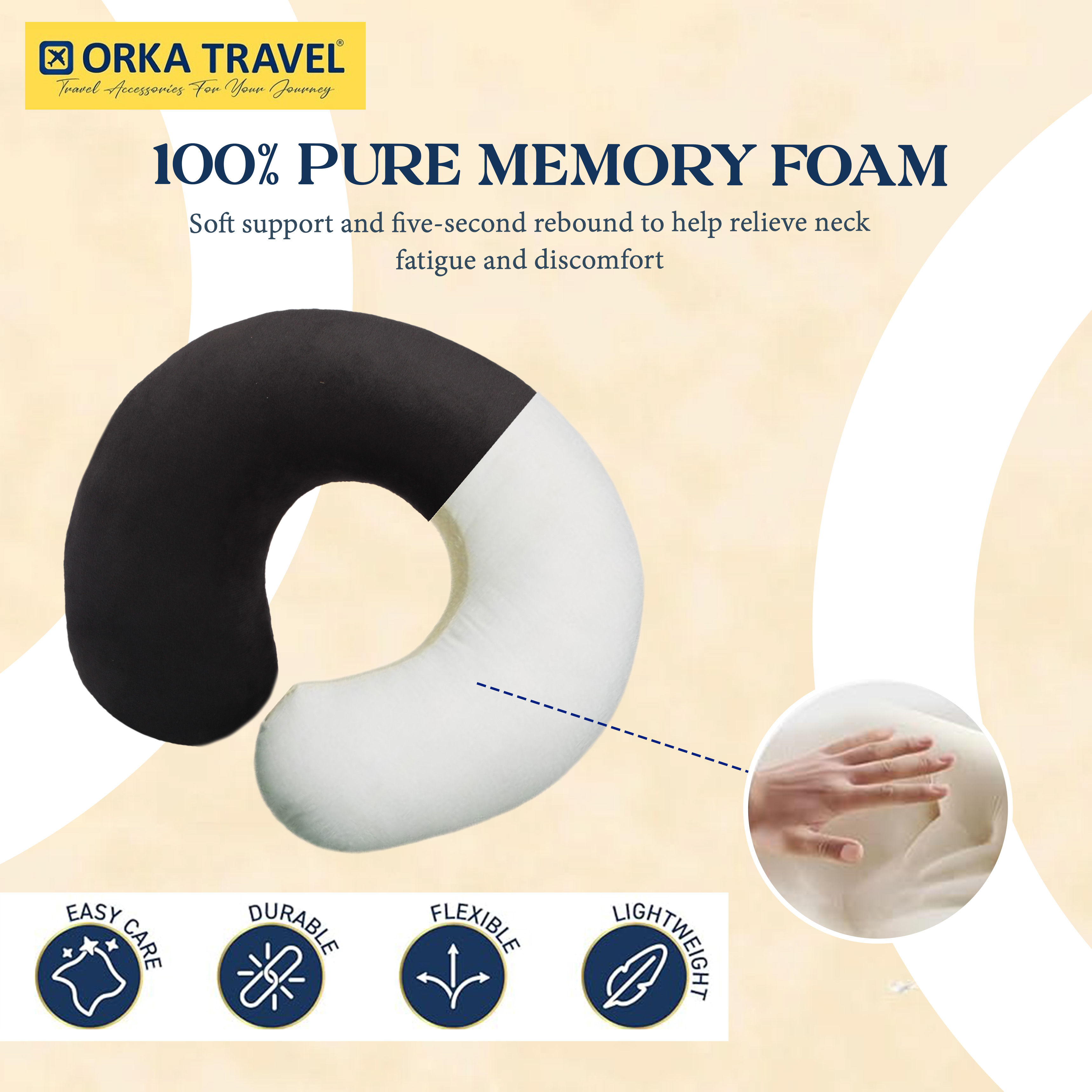 Orka Travel Solid Super Soft Embroidery Memory Foam U Neck - Black view 3