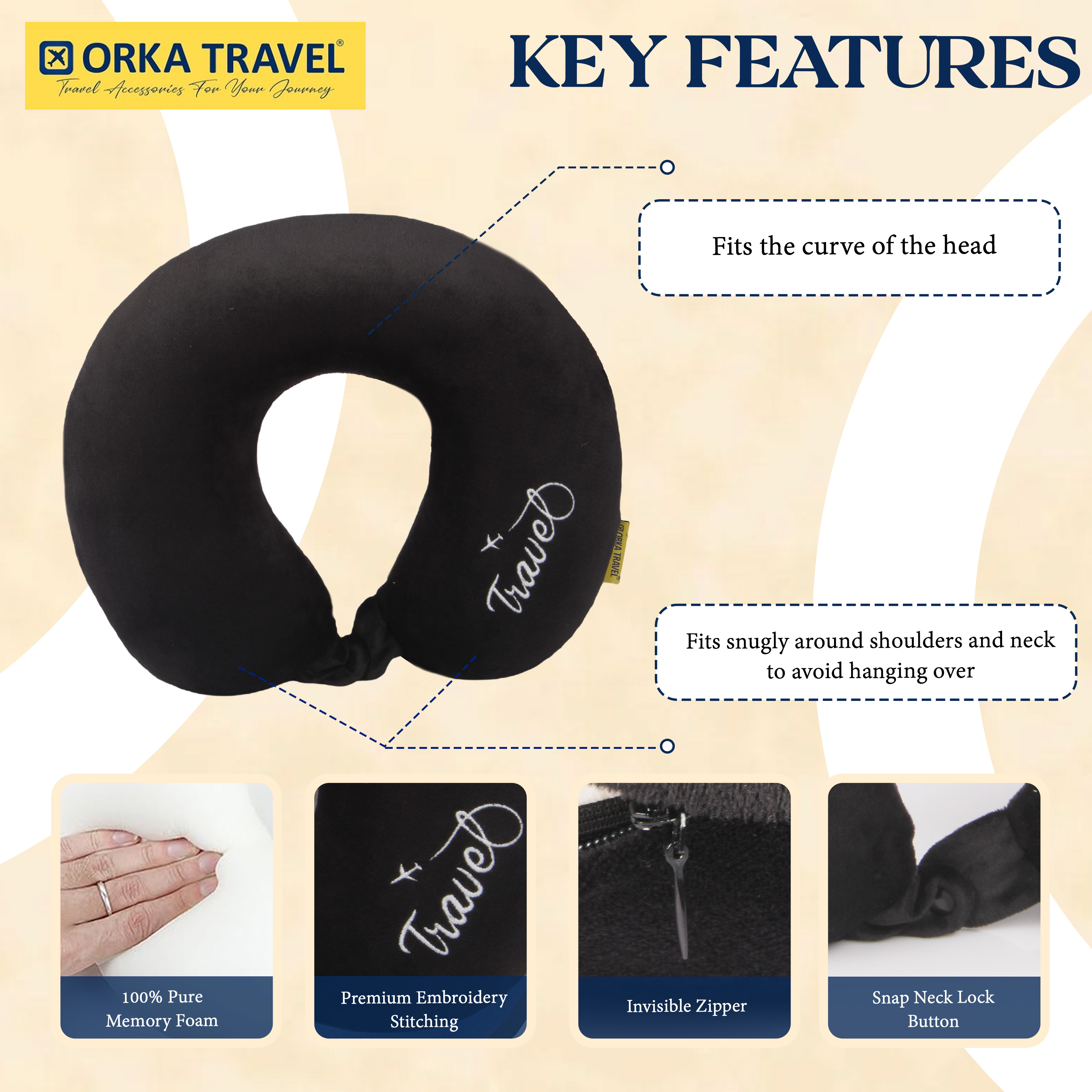 Orka Travel Solid Super Soft Embroidery Memory Foam U Neck - Black view 5