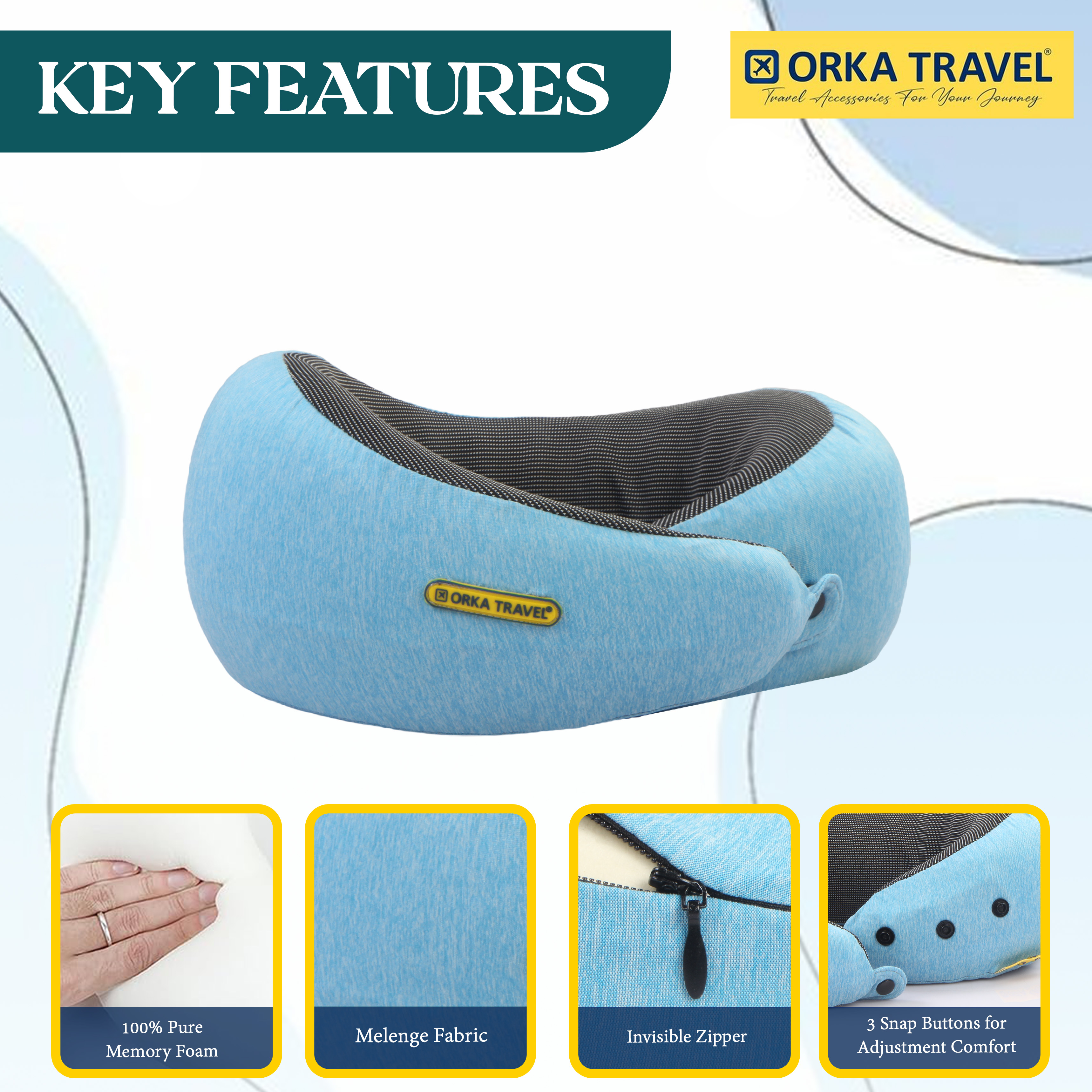 Orka Travel Starc 3 Adjustable Neck Buttons Memory Foam U Neck - Teal view 3