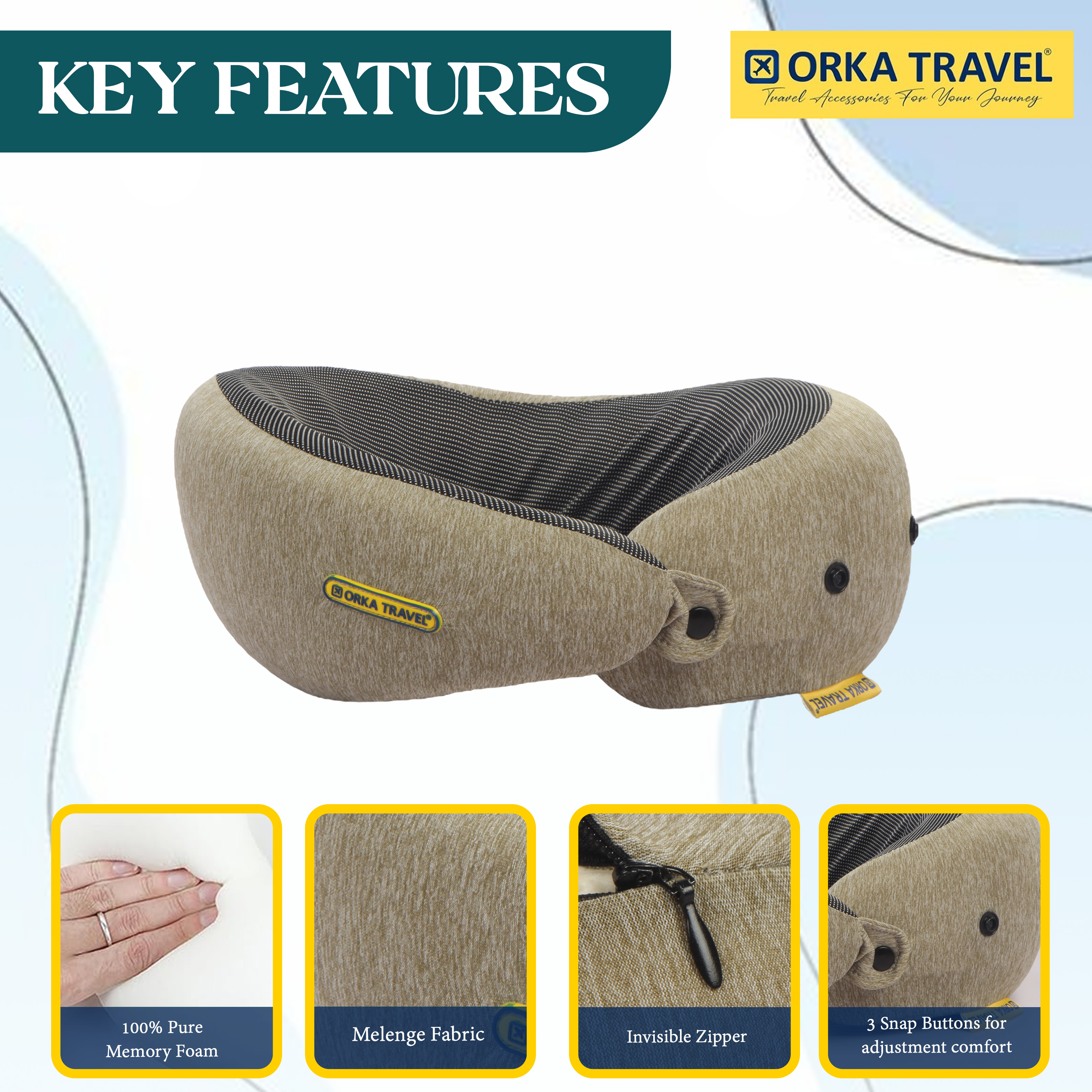 Orka Travel Starc 3 Adjustable Neck Buttons Memory Foam U Neck - Brown view 3