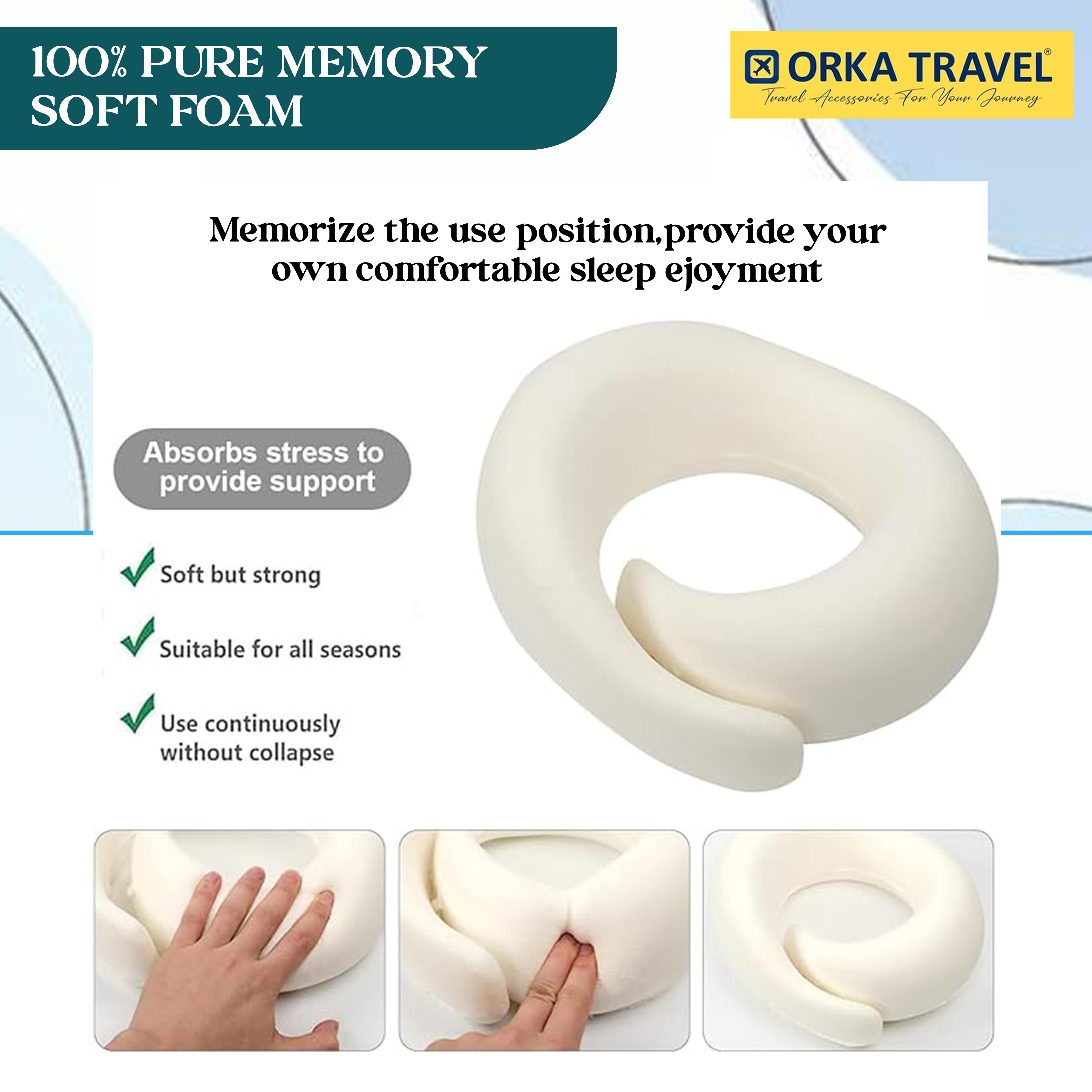Orka Travel Starc 3 Adjustable Neck Buttons Memory Foam U Neck - Brown view 4