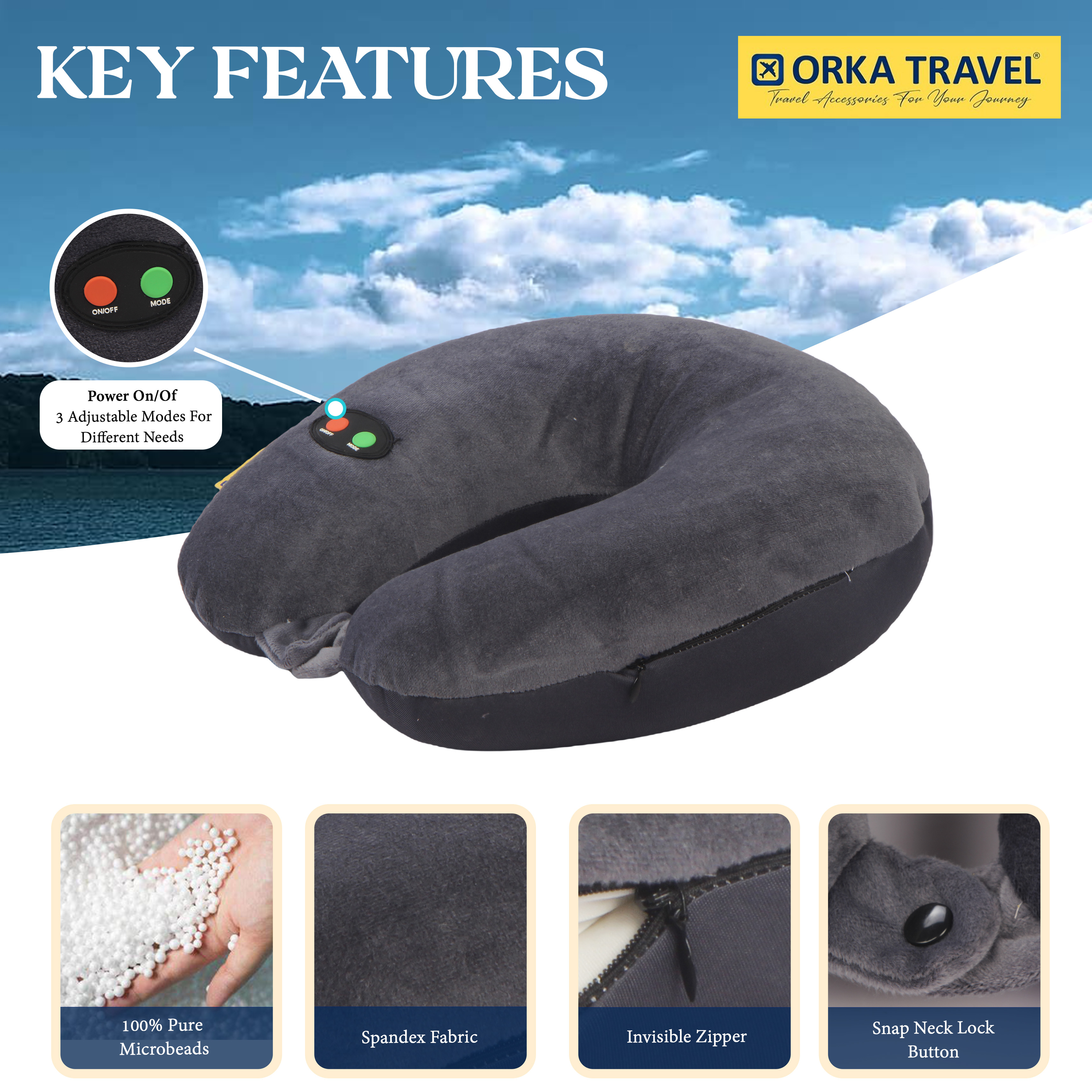 Orka Travel Microbeads Massager U Neck - Grey