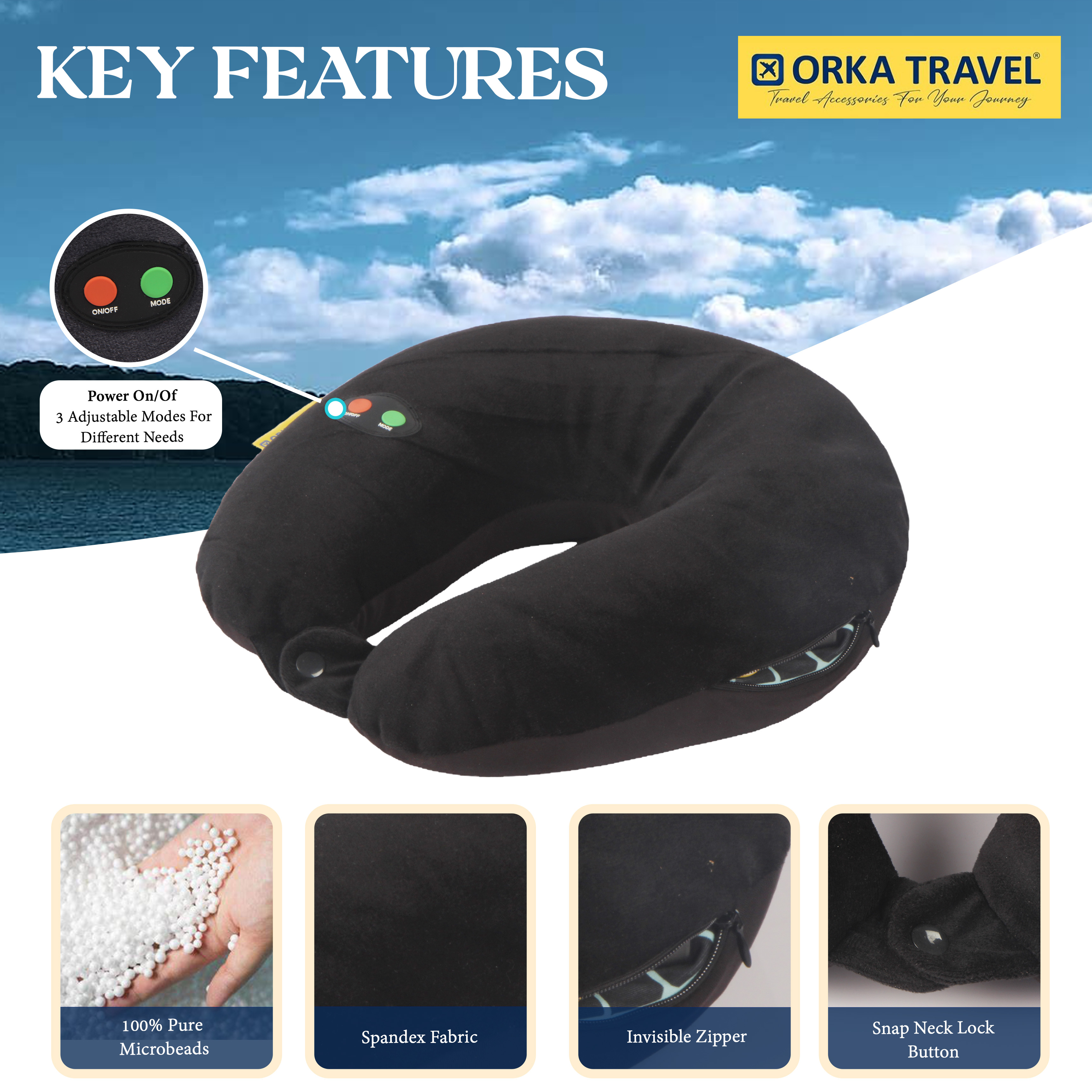 Orka Travel Microbeads Massager U Neck - Black view 2