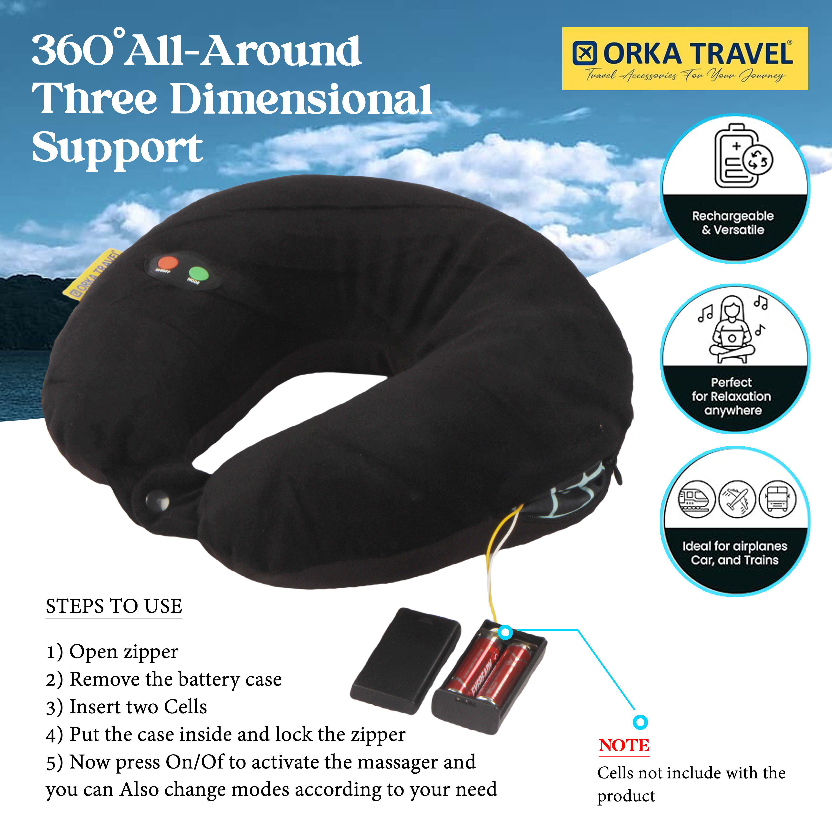 Orka Travel Microbeads Massager U Neck - Black view 3