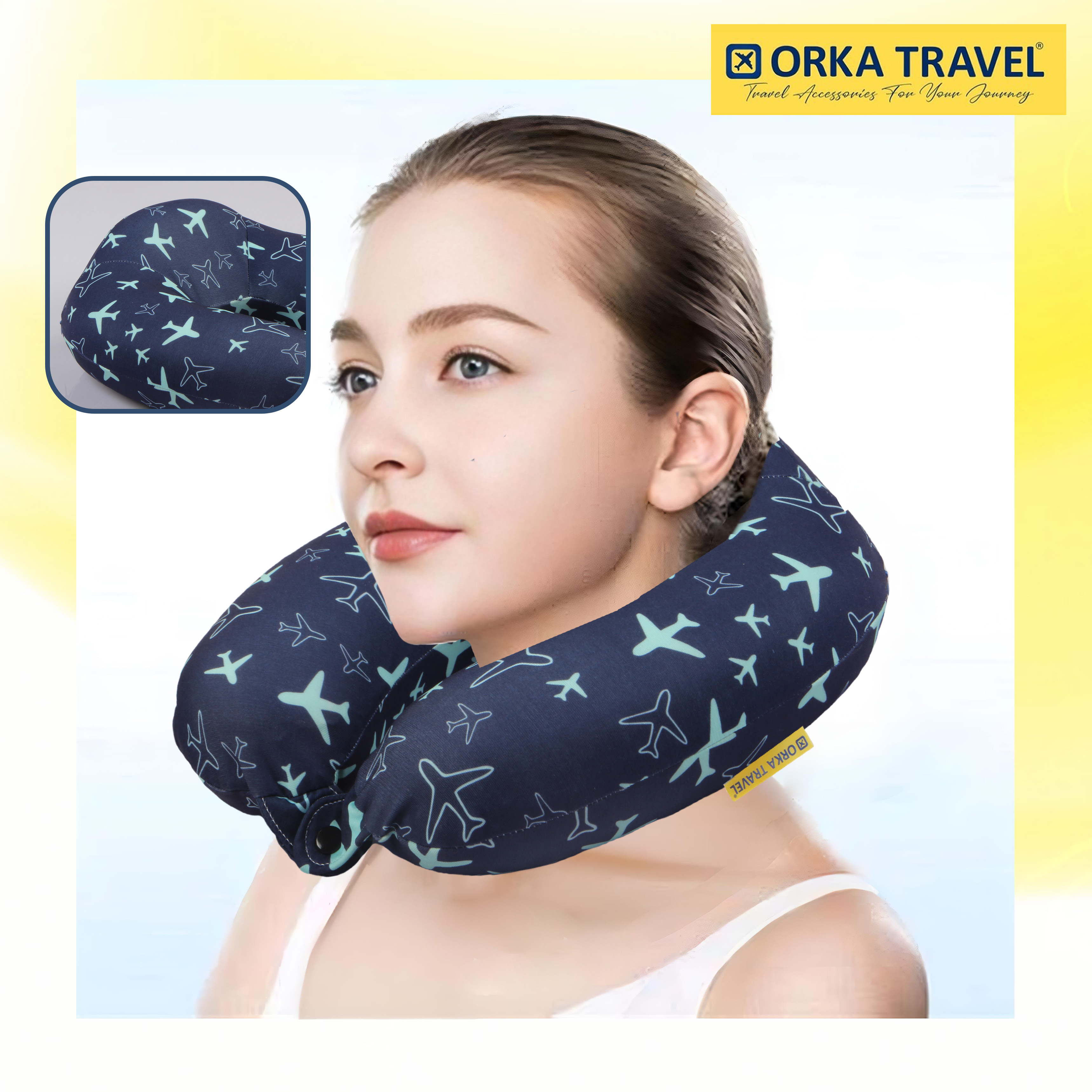 Orka Travel Digital Printed High Back Memory Foam U Neck - Planes