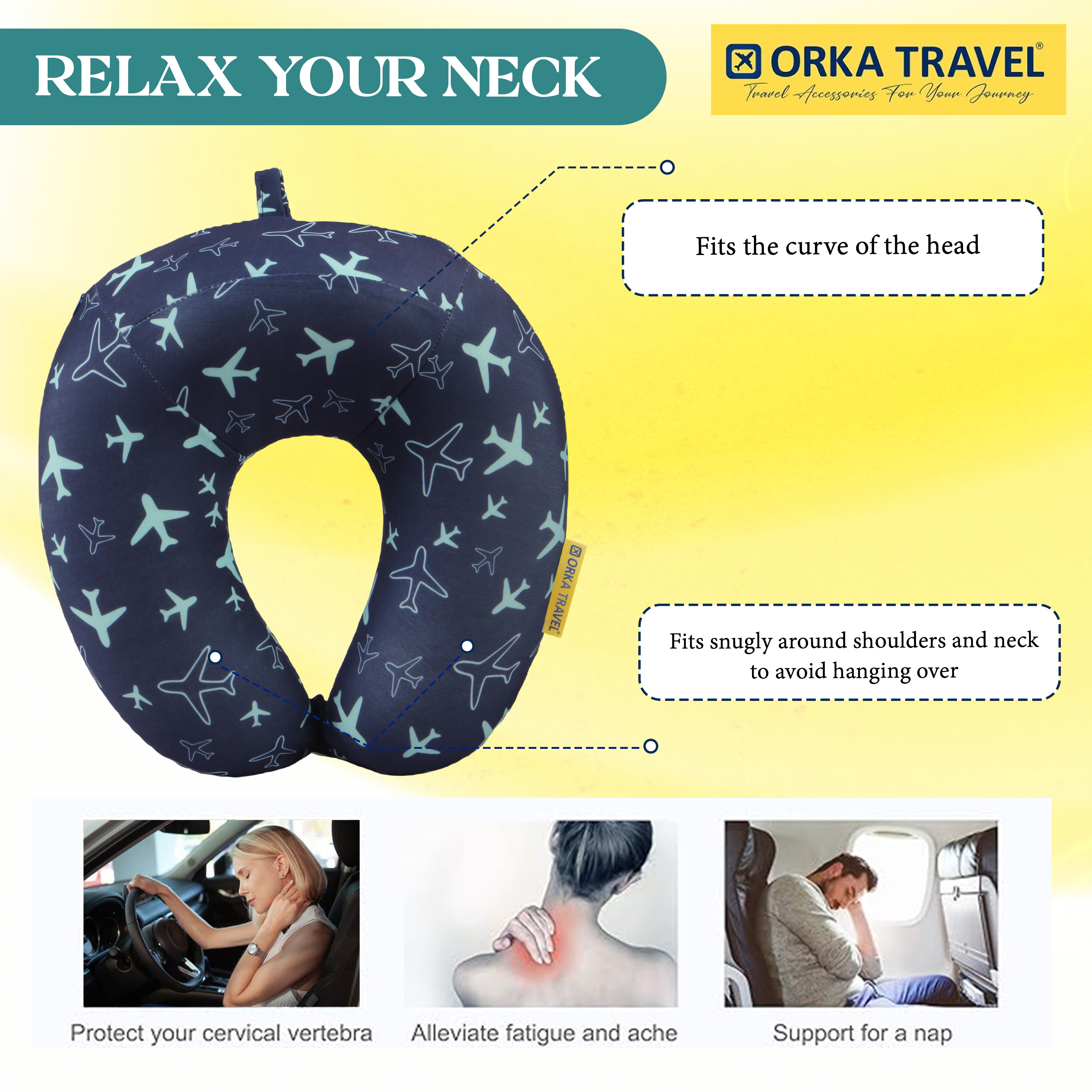 Orka Travel Digital Printed High Back Memory Foam U Neck - Planes view 3