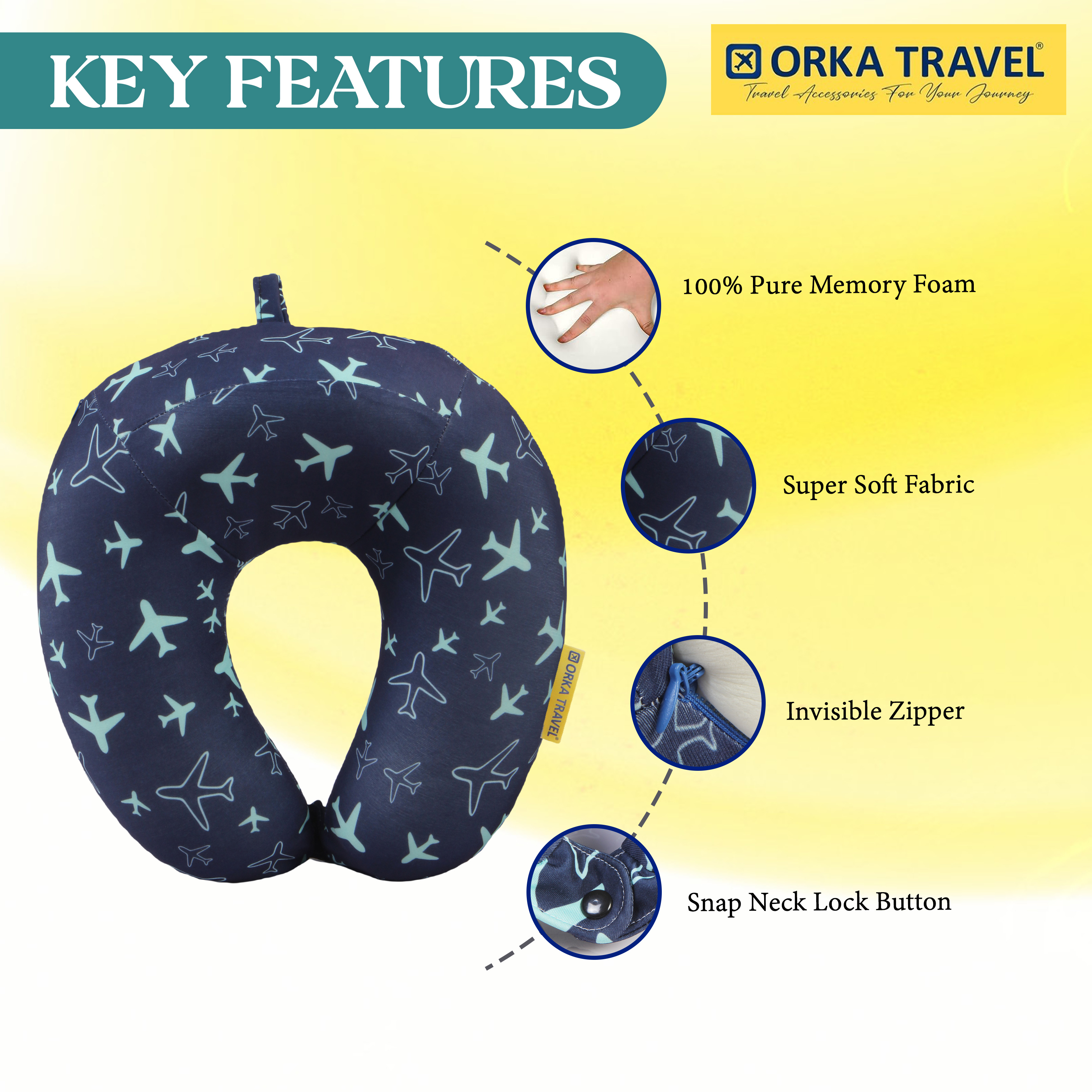 Orka Travel Digital Printed High Back Memory Foam U Neck - Planes view 5