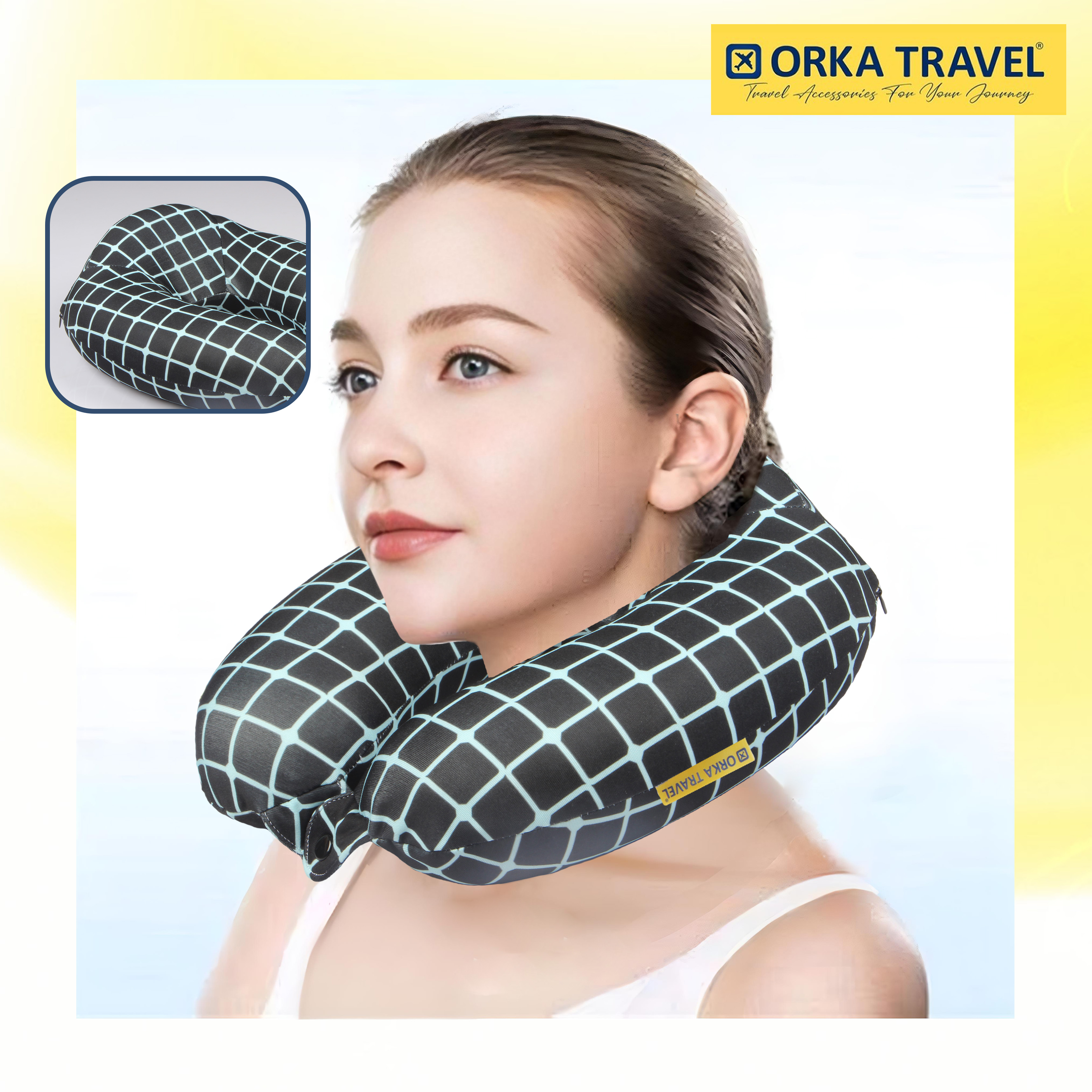 Orka Travel Digital Printed High Back Memory Foam U Neck - Stripe Teal