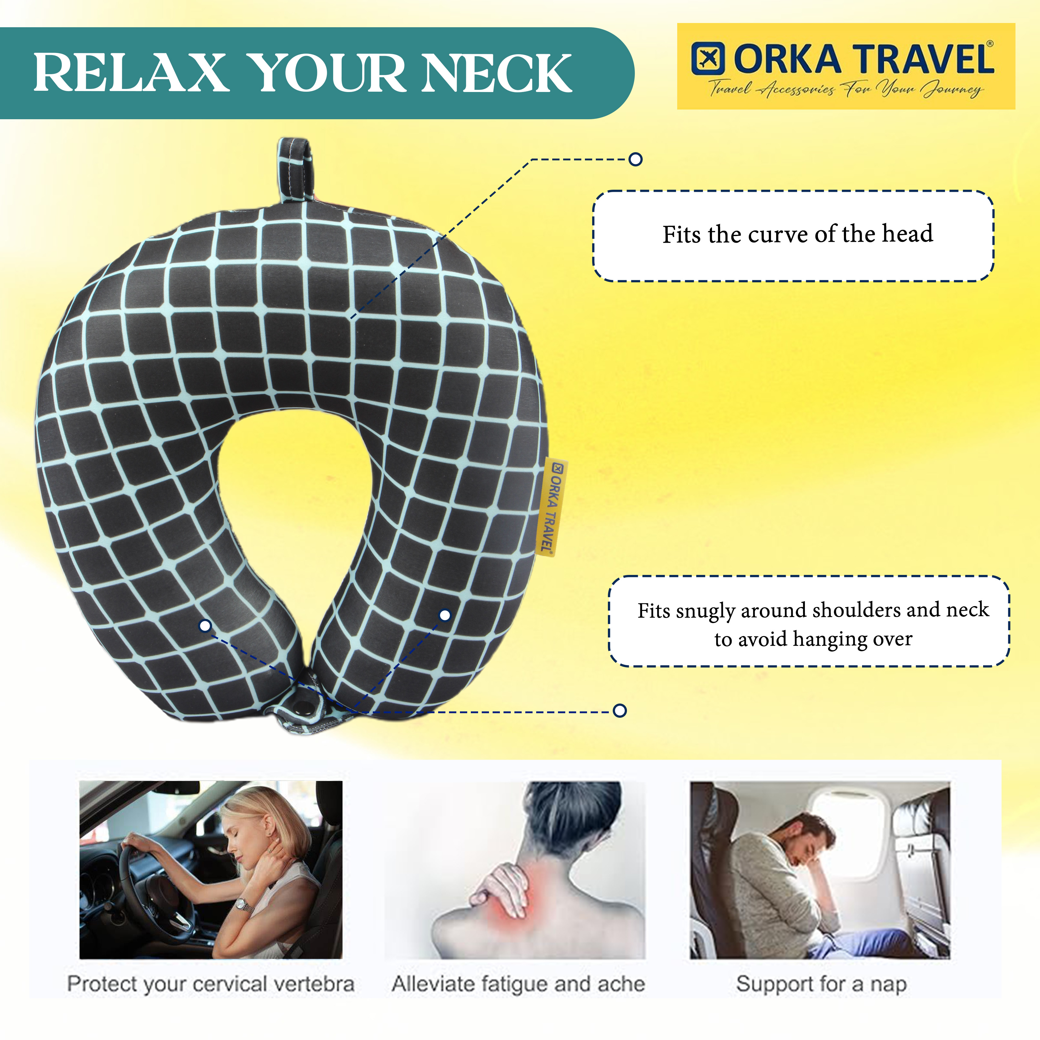 Orka Travel Digital Printed High Back Memory Foam U Neck - Stripe Teal view 3