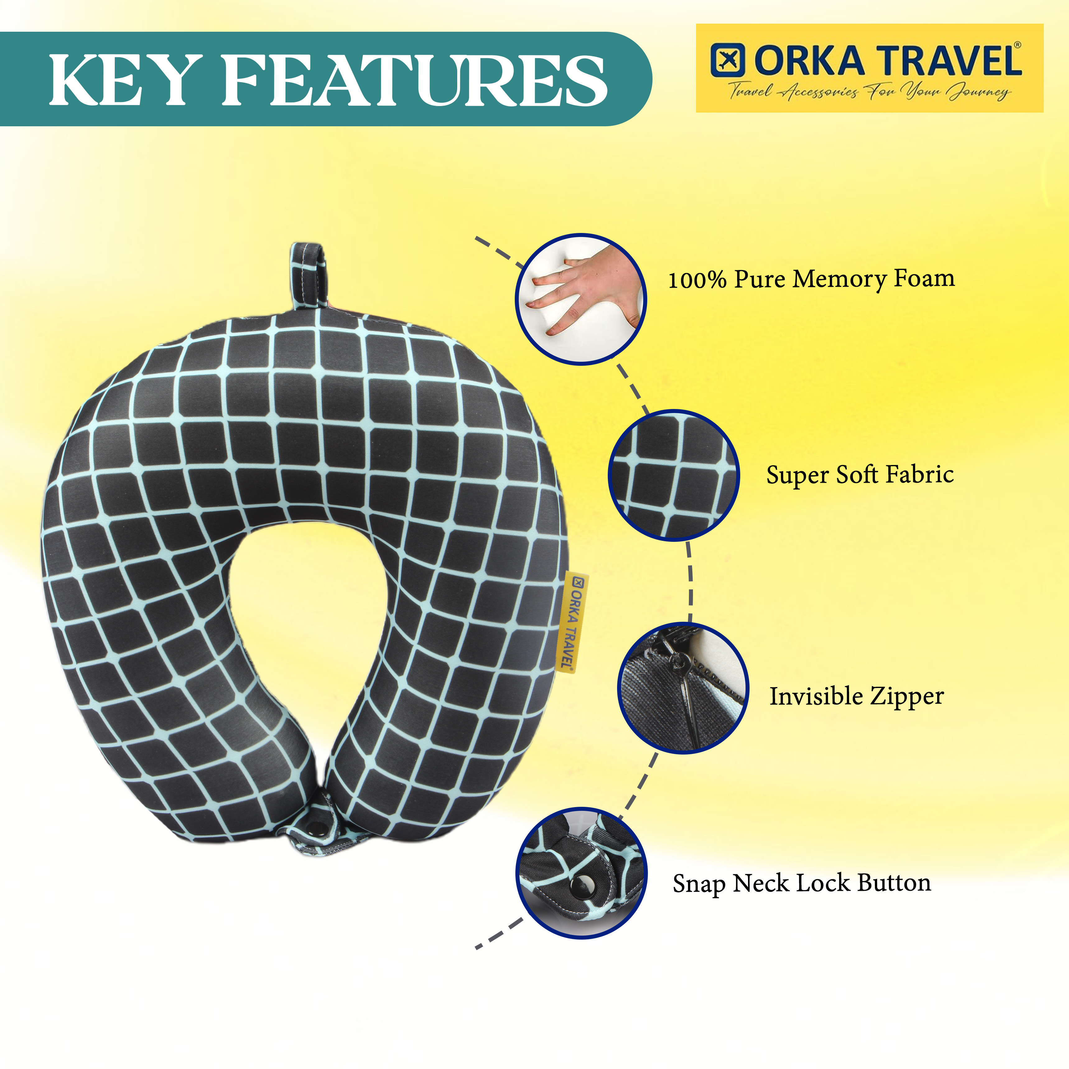 Orka Travel Digital Printed High Back Memory Foam U Neck - Stripe Teal view 5