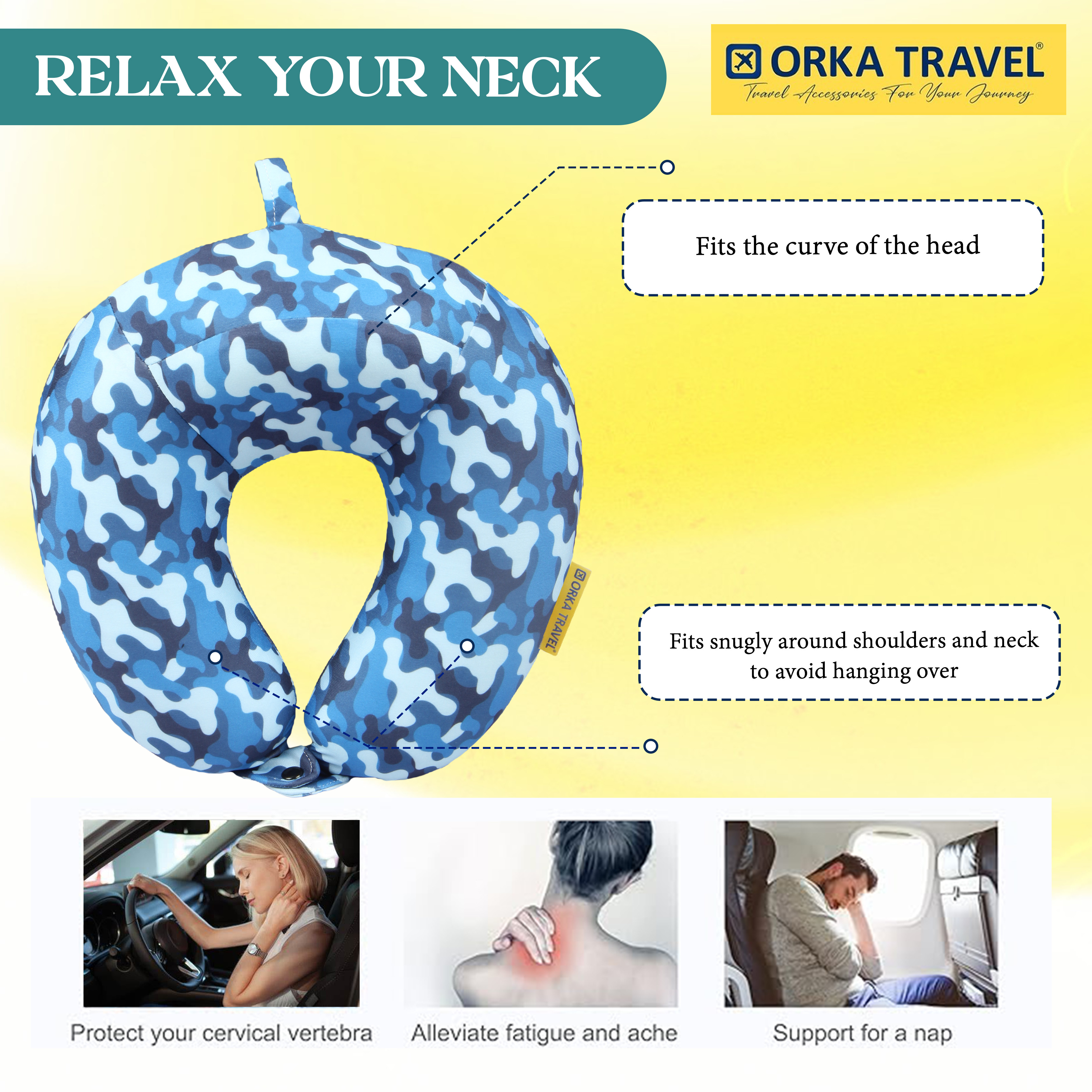 Orka Travel Digital Printed High Back Memory Foam U Neck - Camo Blue view 3