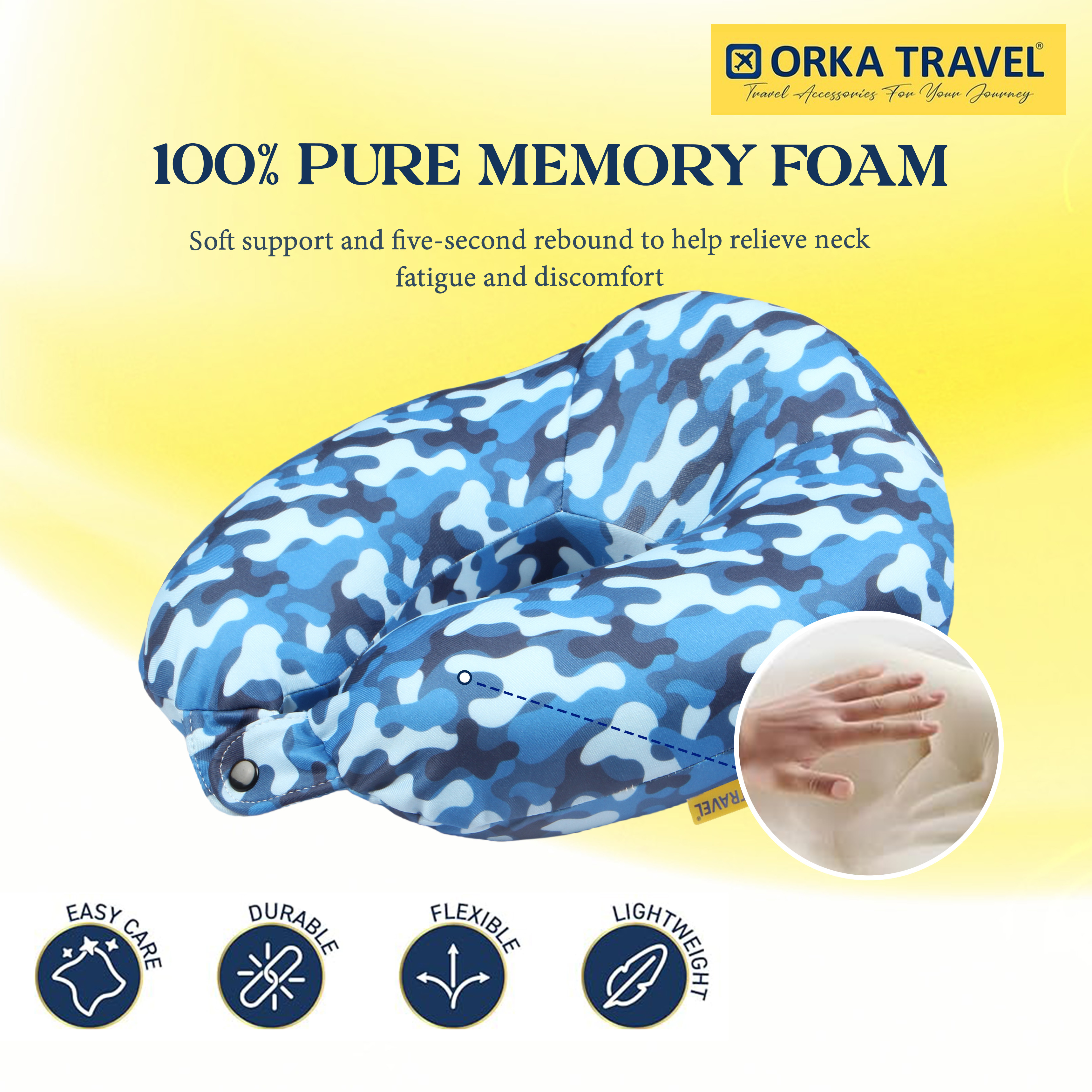 Orka Travel Digital Printed High Back Memory Foam U Neck - Camo Blue view 4