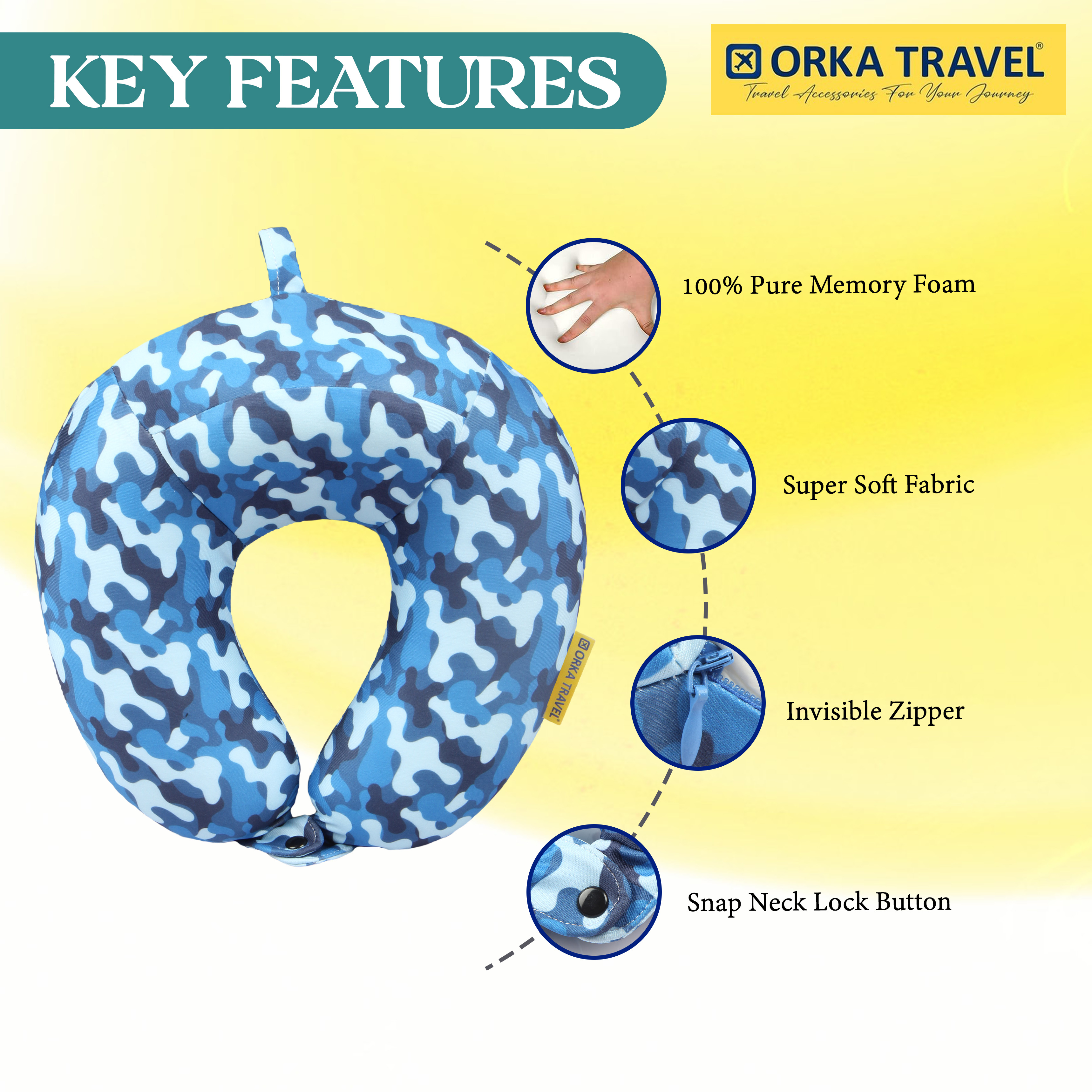 Orka Travel Digital Printed High Back Memory Foam U Neck - Camo Blue view 5