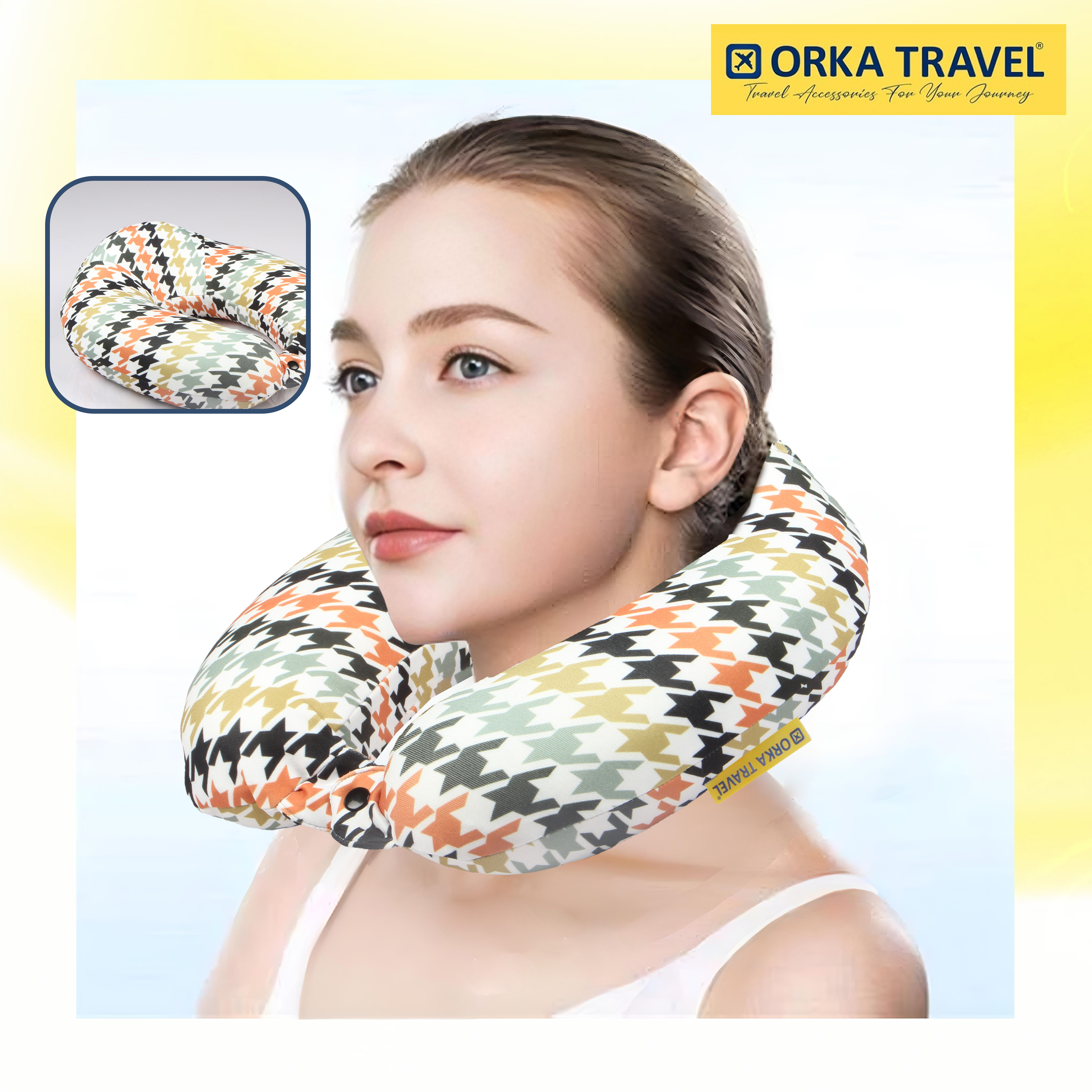 Orka Travel Digital Printed High Back Memory Foam U Neck - Houndstooth