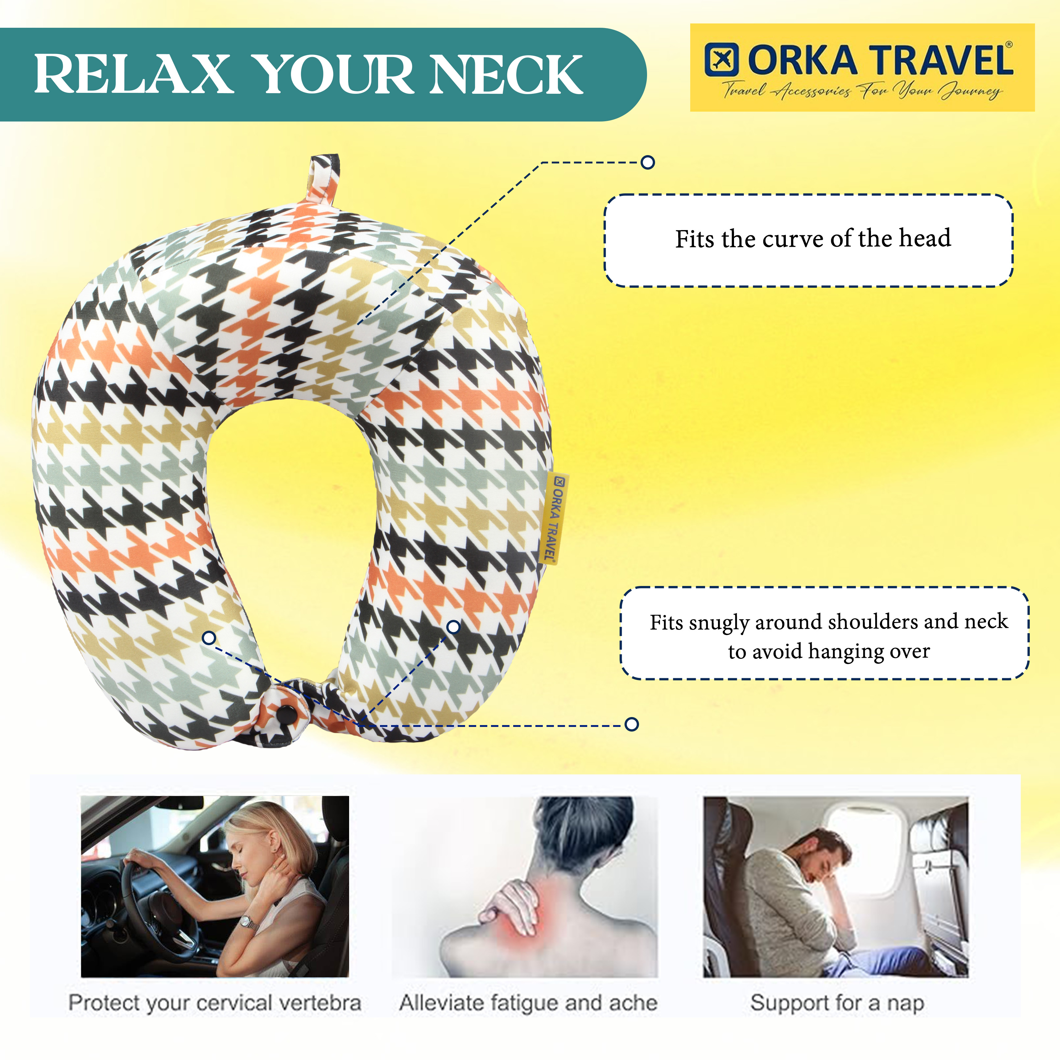 Orka Travel Digital Printed High Back Memory Foam U Neck - Houndstooth view 3