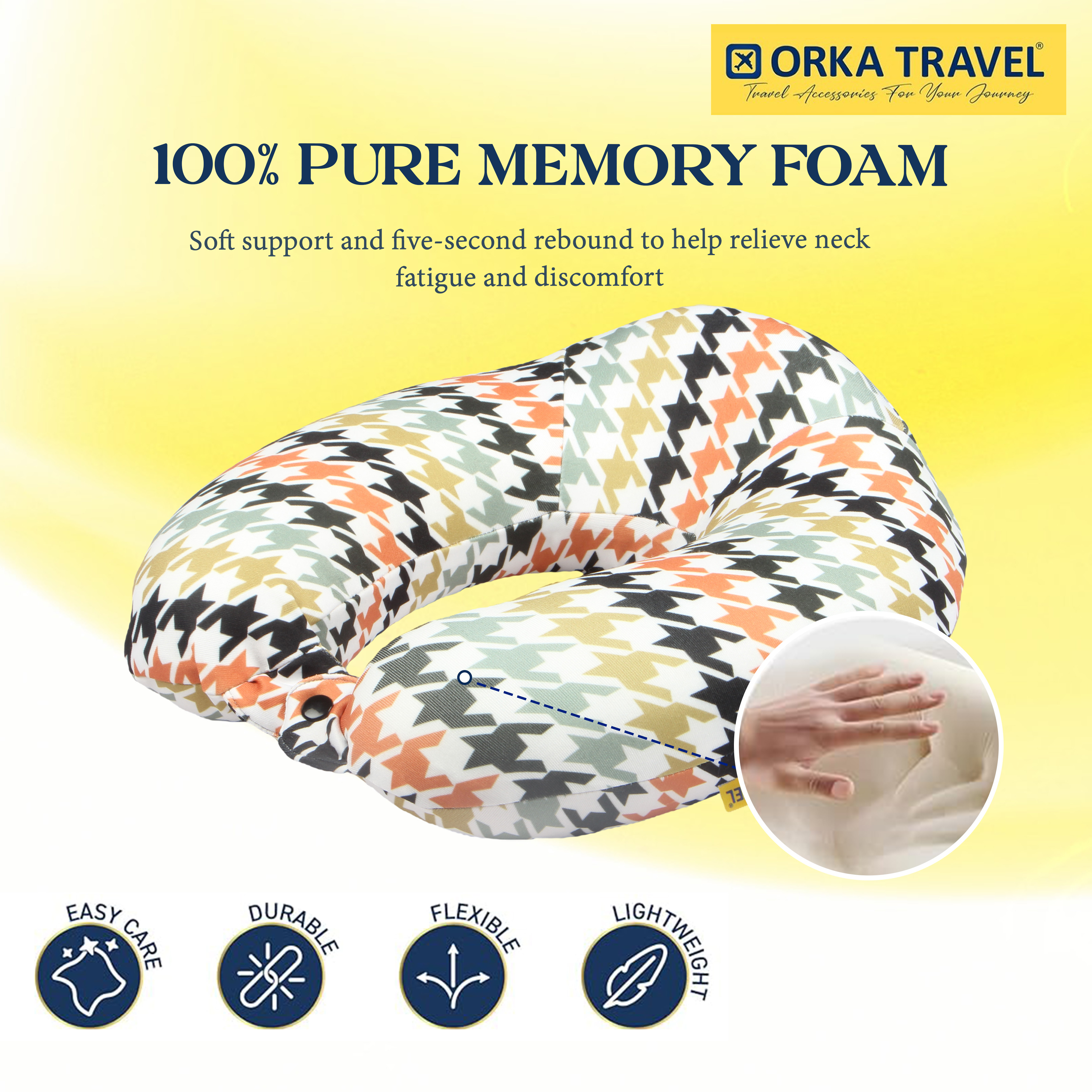 Orka Travel Digital Printed High Back Memory Foam U Neck - Houndstooth view 4