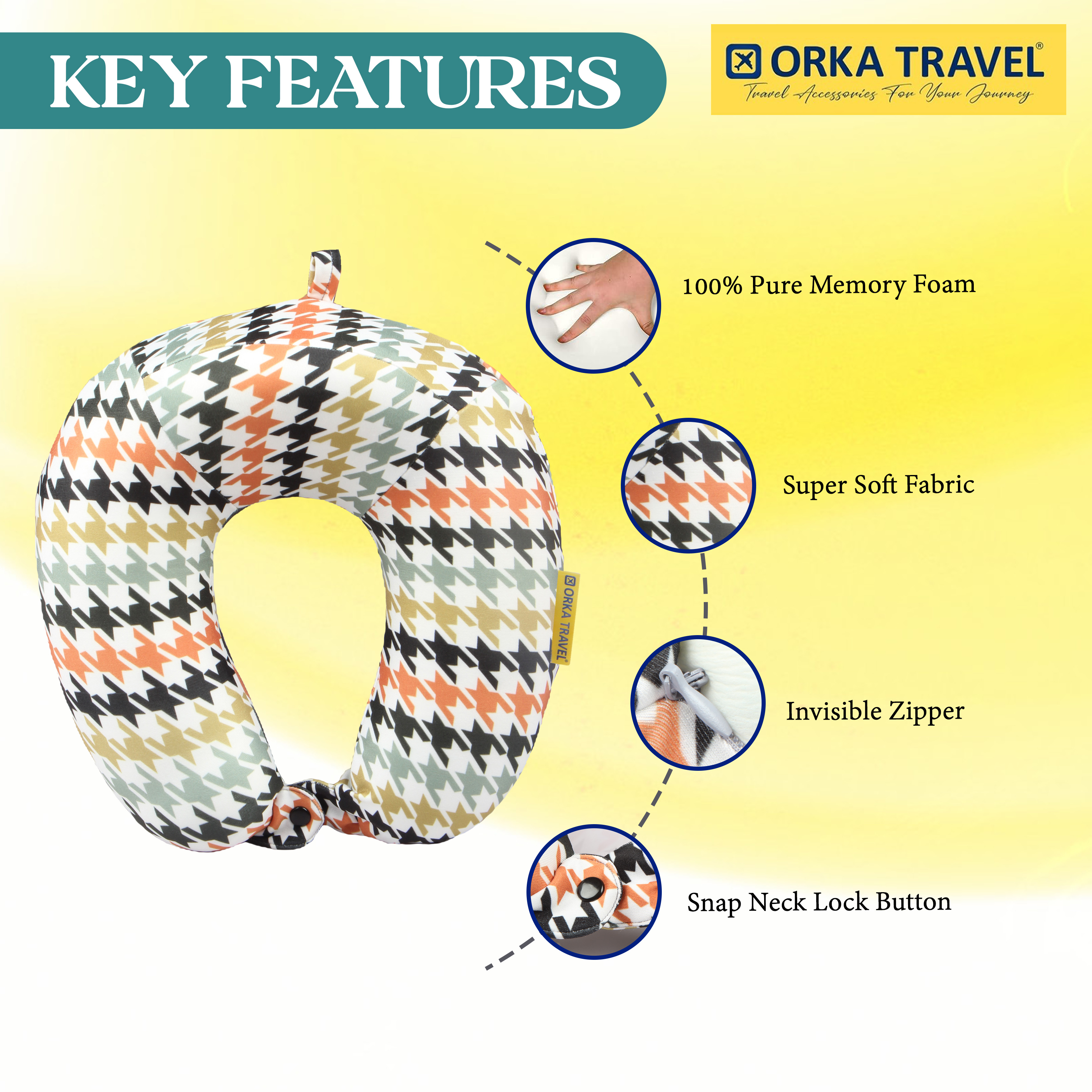 Orka Travel Digital Printed High Back Memory Foam U Neck - Houndstooth view 5