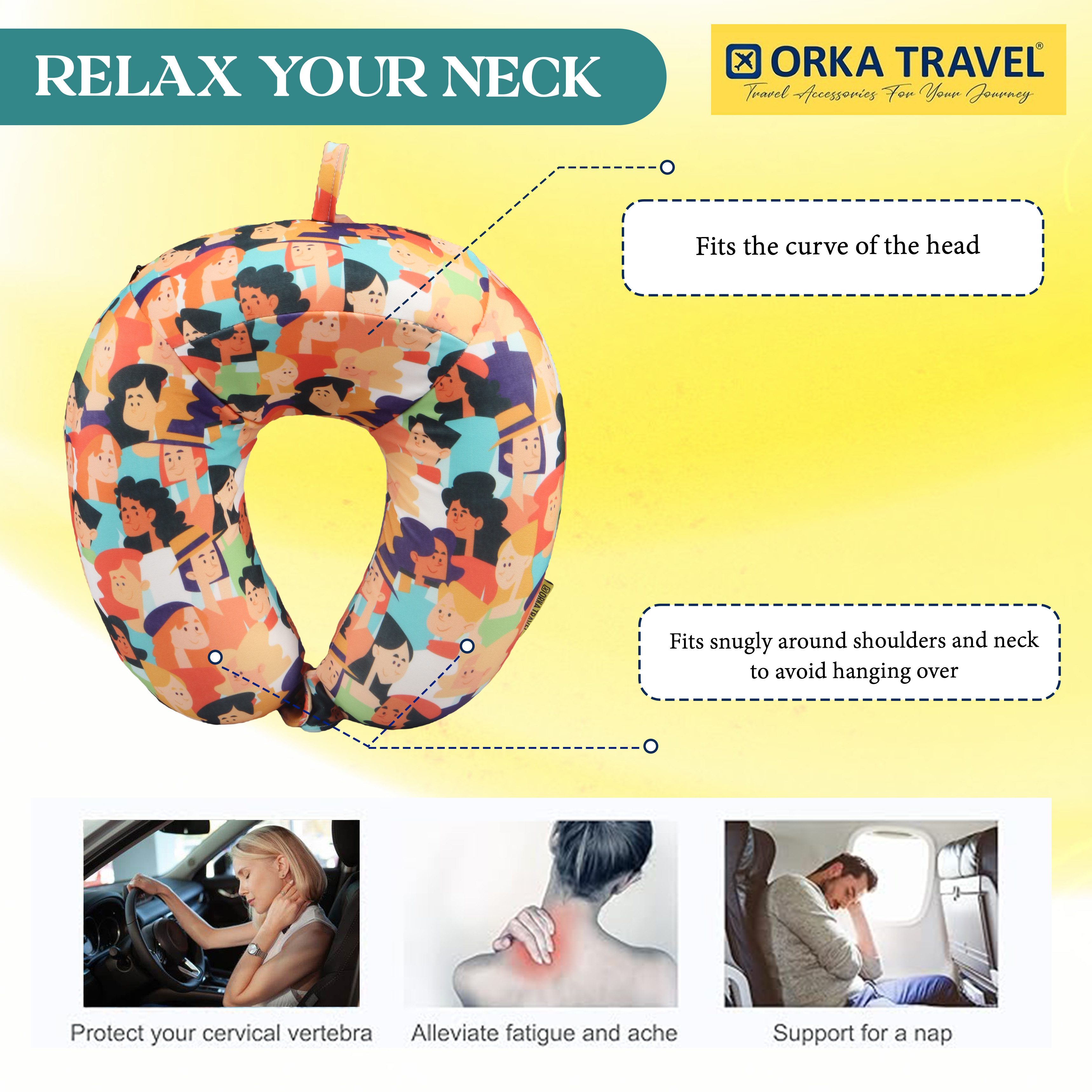 Orka Travel Digital Printed High Back Memory Foam U Neck - People view 3