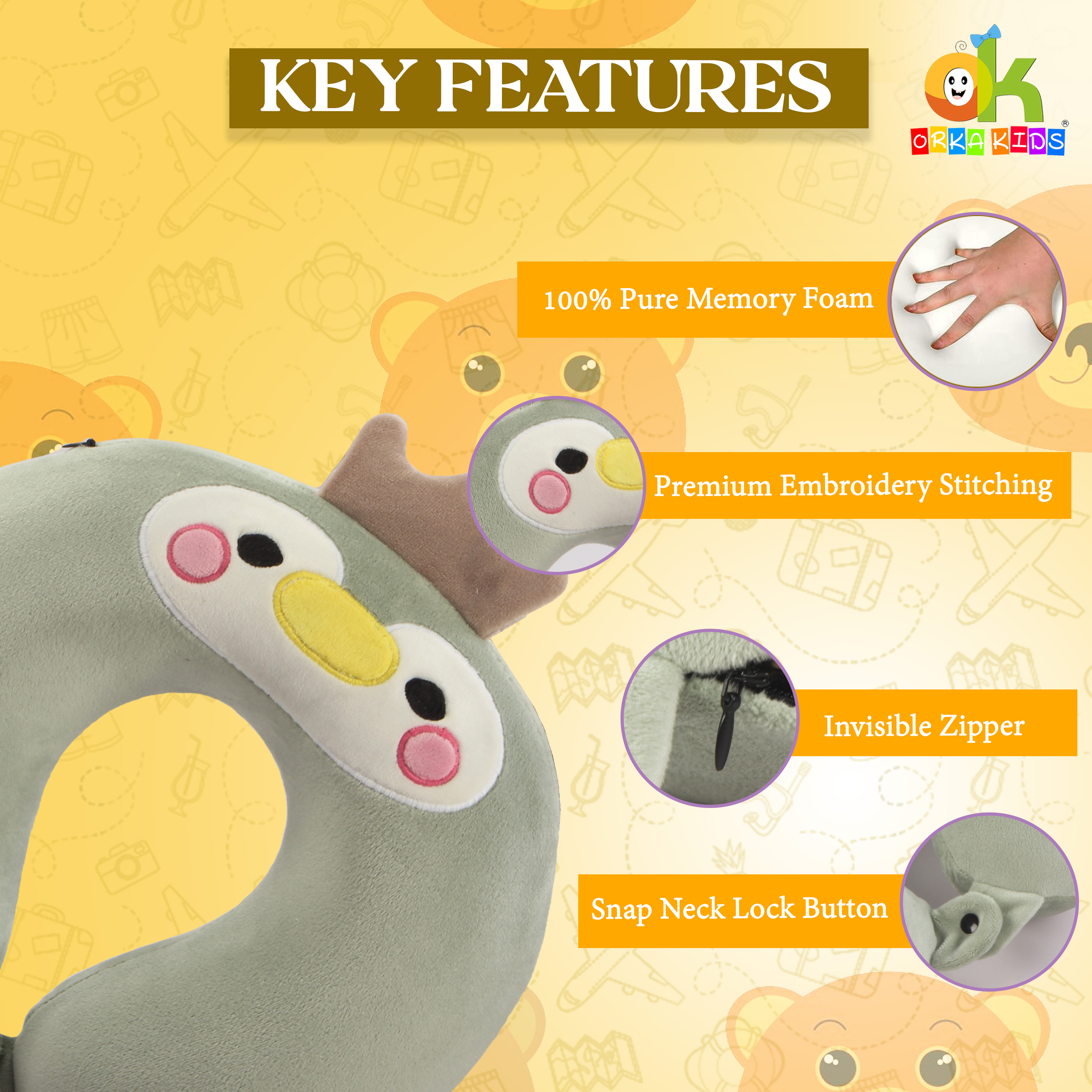 Orka Kids Embroidery Memory Foam U Neck - Light Green view 5