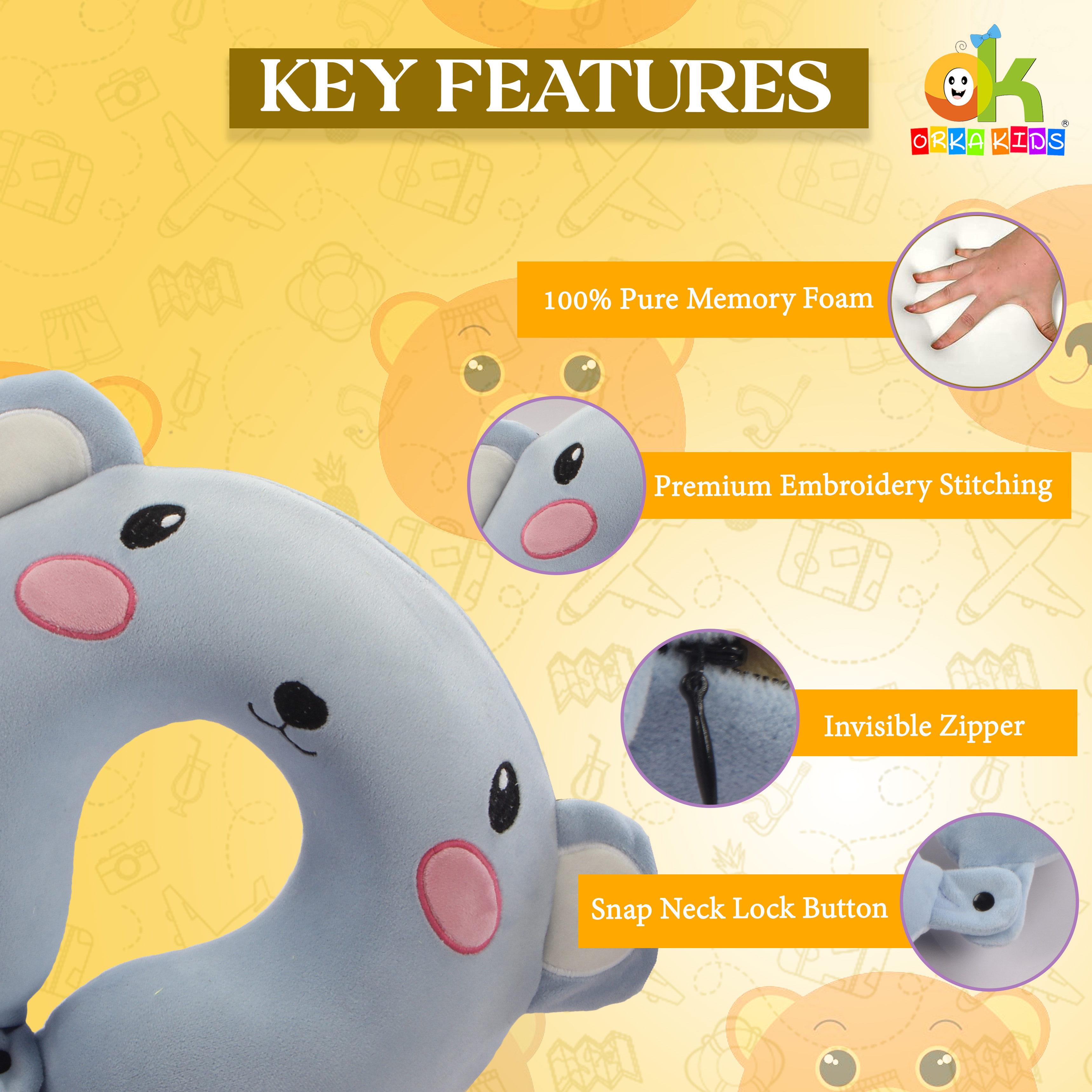 Orka Kids Embroidery Memory Foam U Neck - Grey view 2