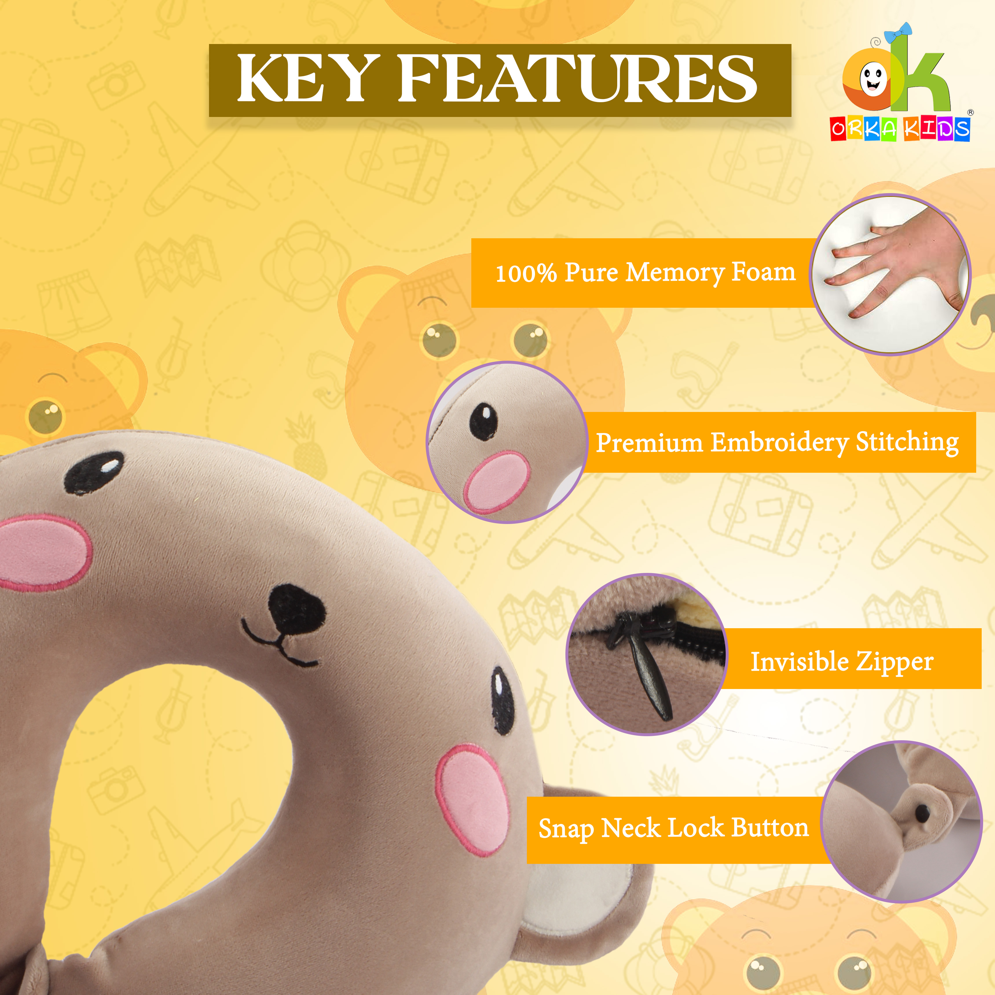 Orka Kids Embroidery Memory Foam U Neck - Peach view 5