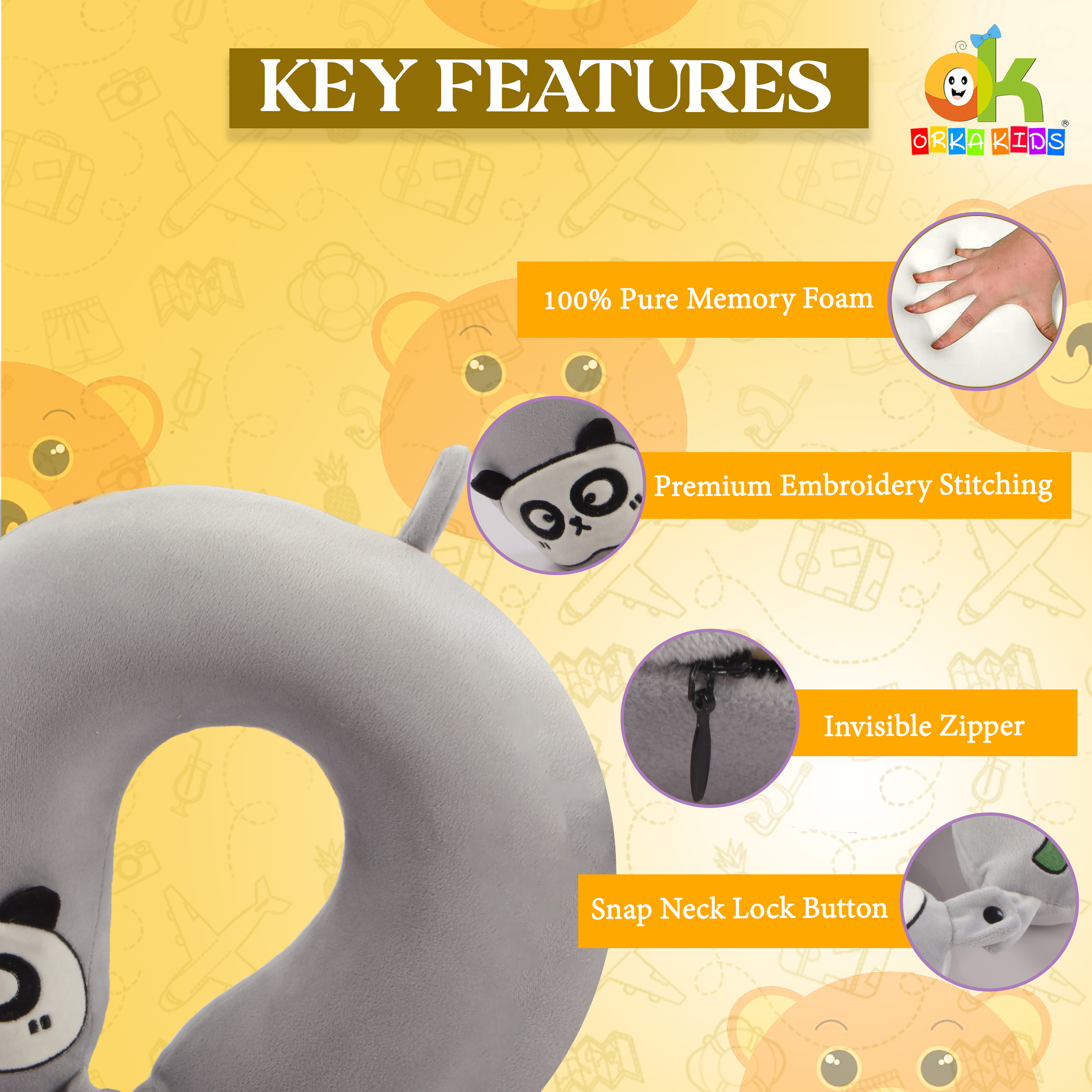 Orka Kids Embroidery Memory Foam U Neck - Grey view 5
