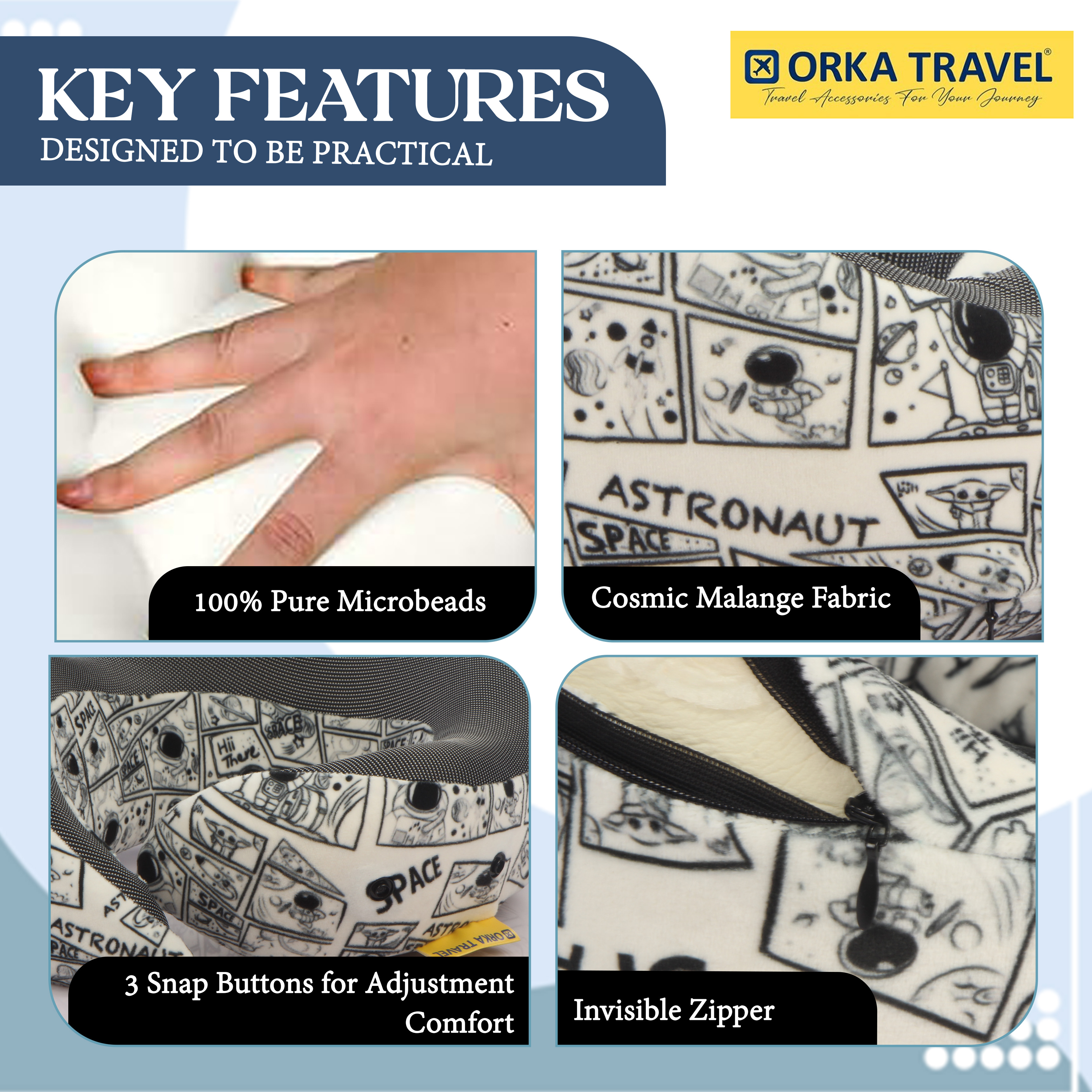 Orka Travel Cosmic 3 Adjustable Neck Buttons Memory Foam U Neck - Astronaut view 2