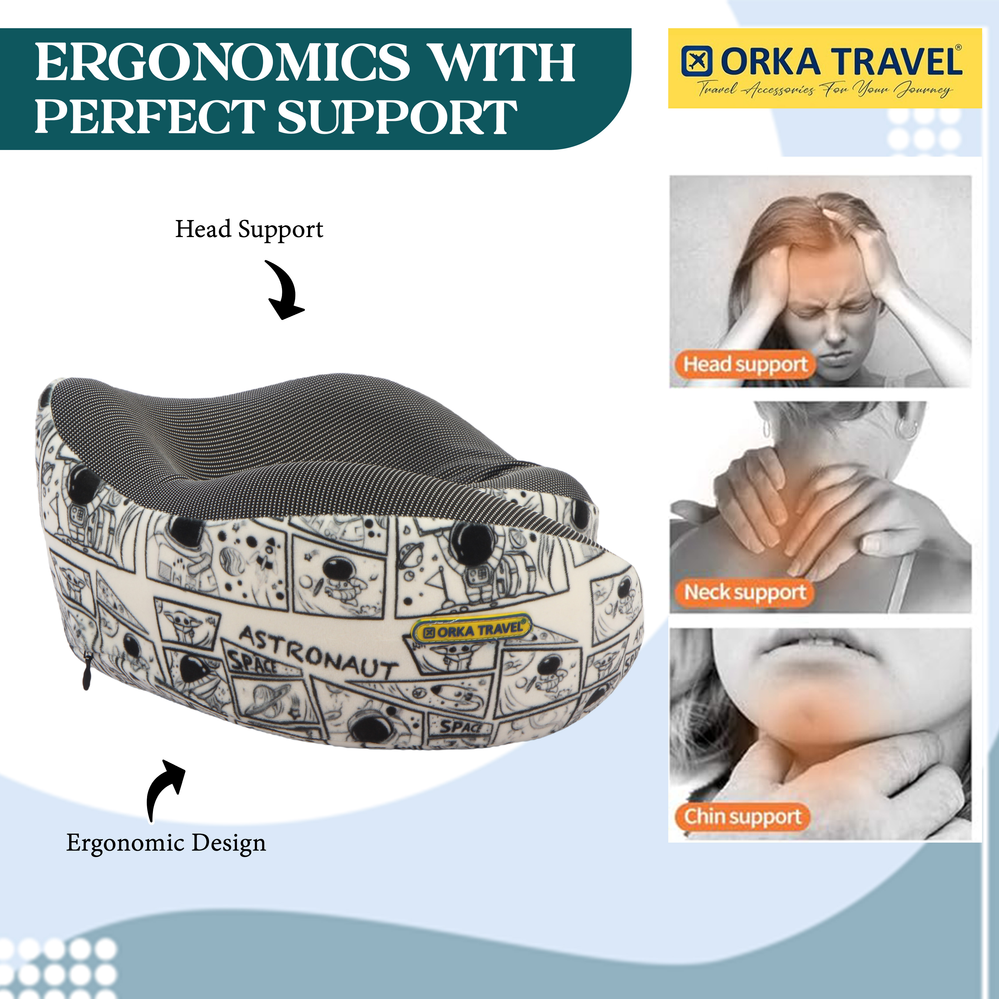 Orka Travel Cosmic 3 Adjustable Neck Buttons Memory Foam U Neck - Astronaut view 4