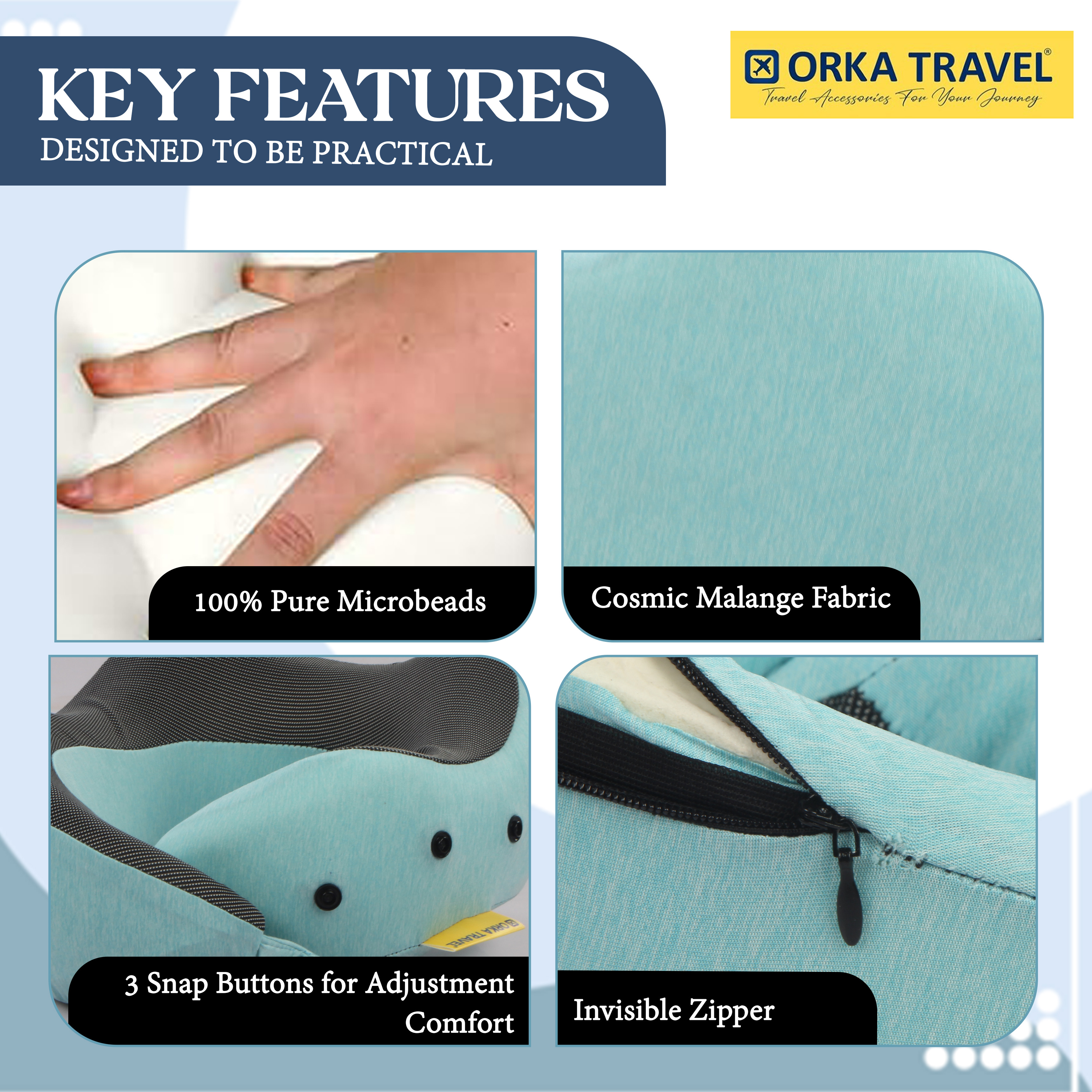 Orka Travel Cosmic 3 Adjustable Neck Buttons Memory Foam U Neck - Teal view 2