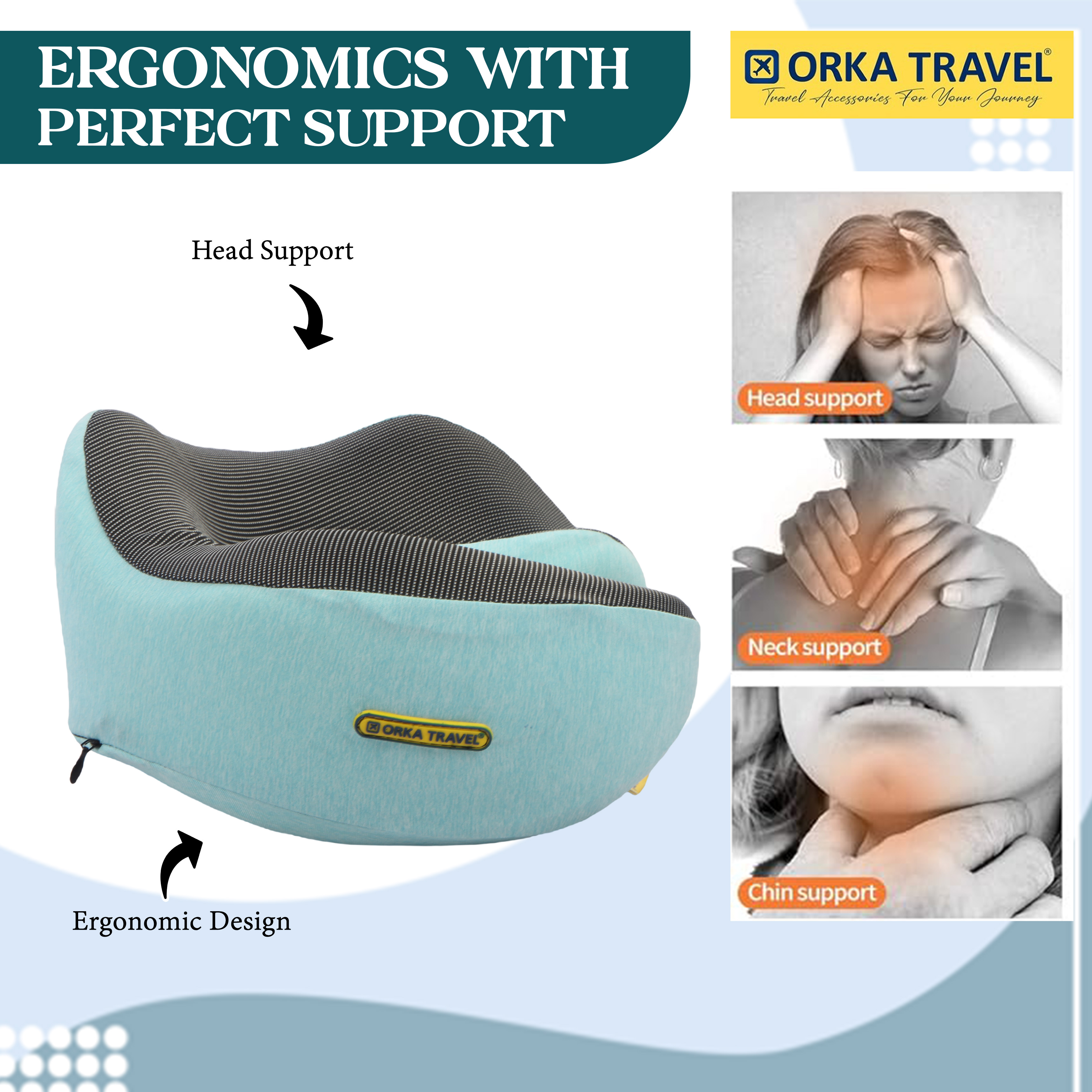 Orka Travel Cosmic 3 Adjustable Neck Buttons Memory Foam U Neck - Teal view 3