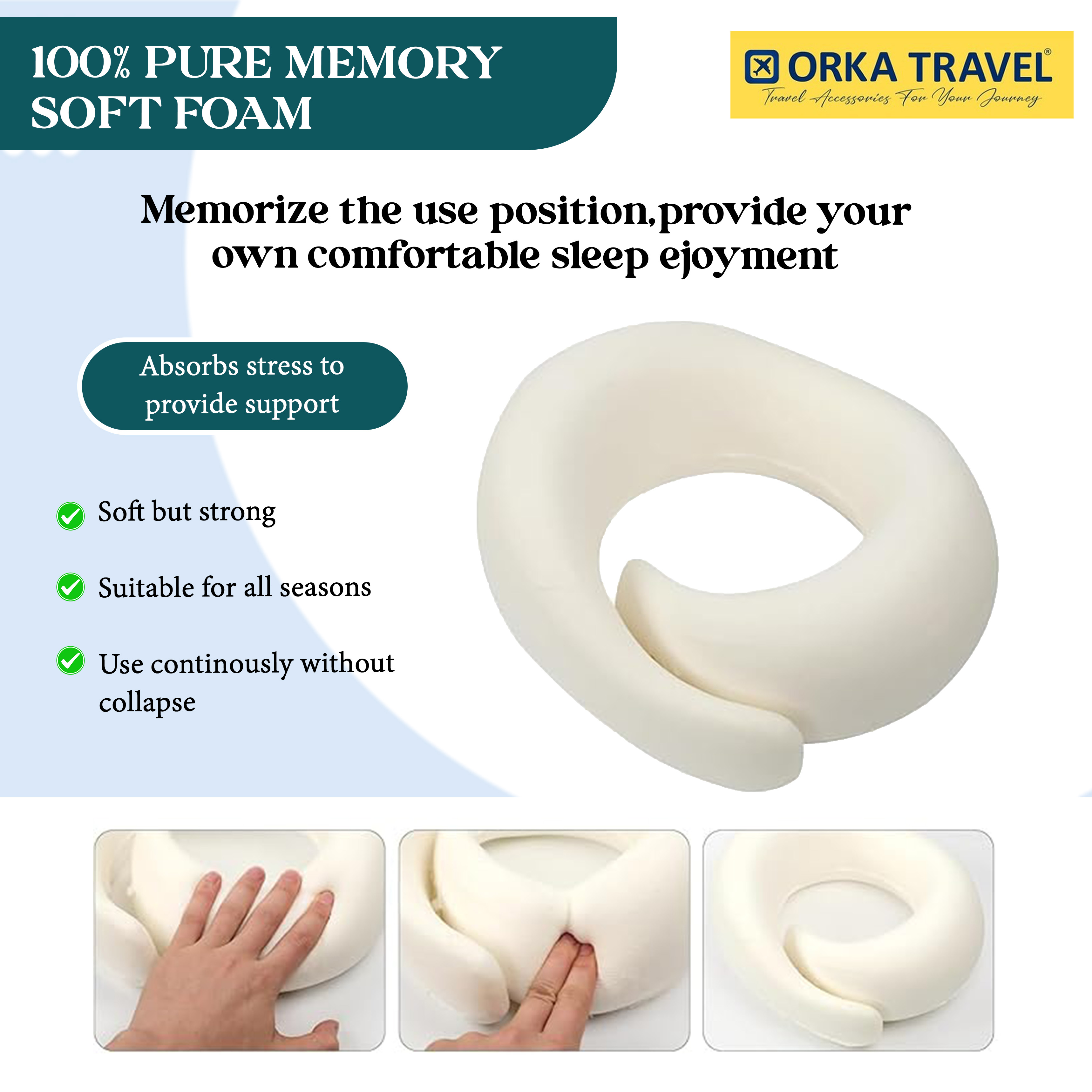 Orka Travel Cosmic 3 Adjustable Neck Buttons Memory Foam U Neck - Teal view 4