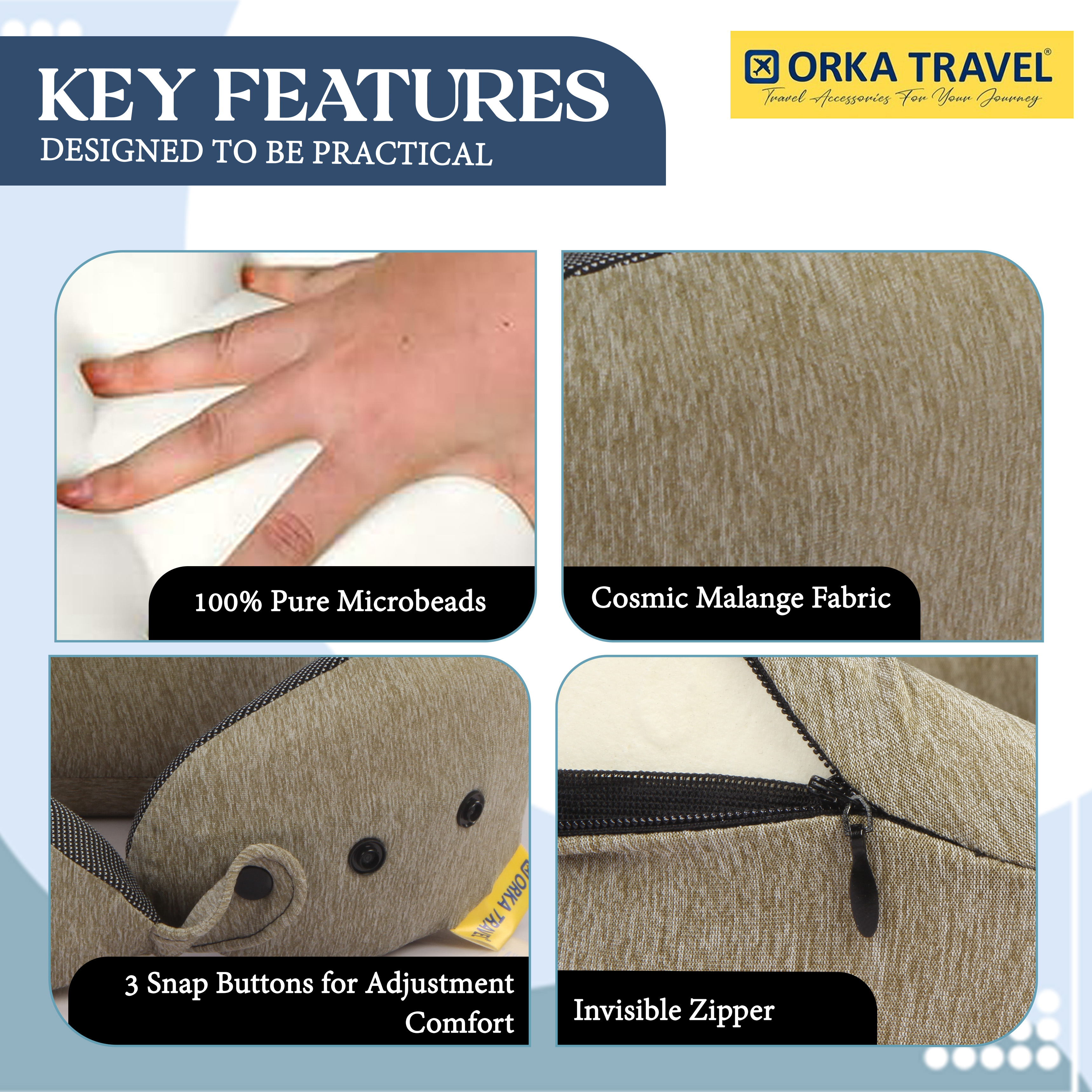 Orka Travel Cosmic 3 Adjustable Neck Buttons Memory Foam U Neck - Brown view 3