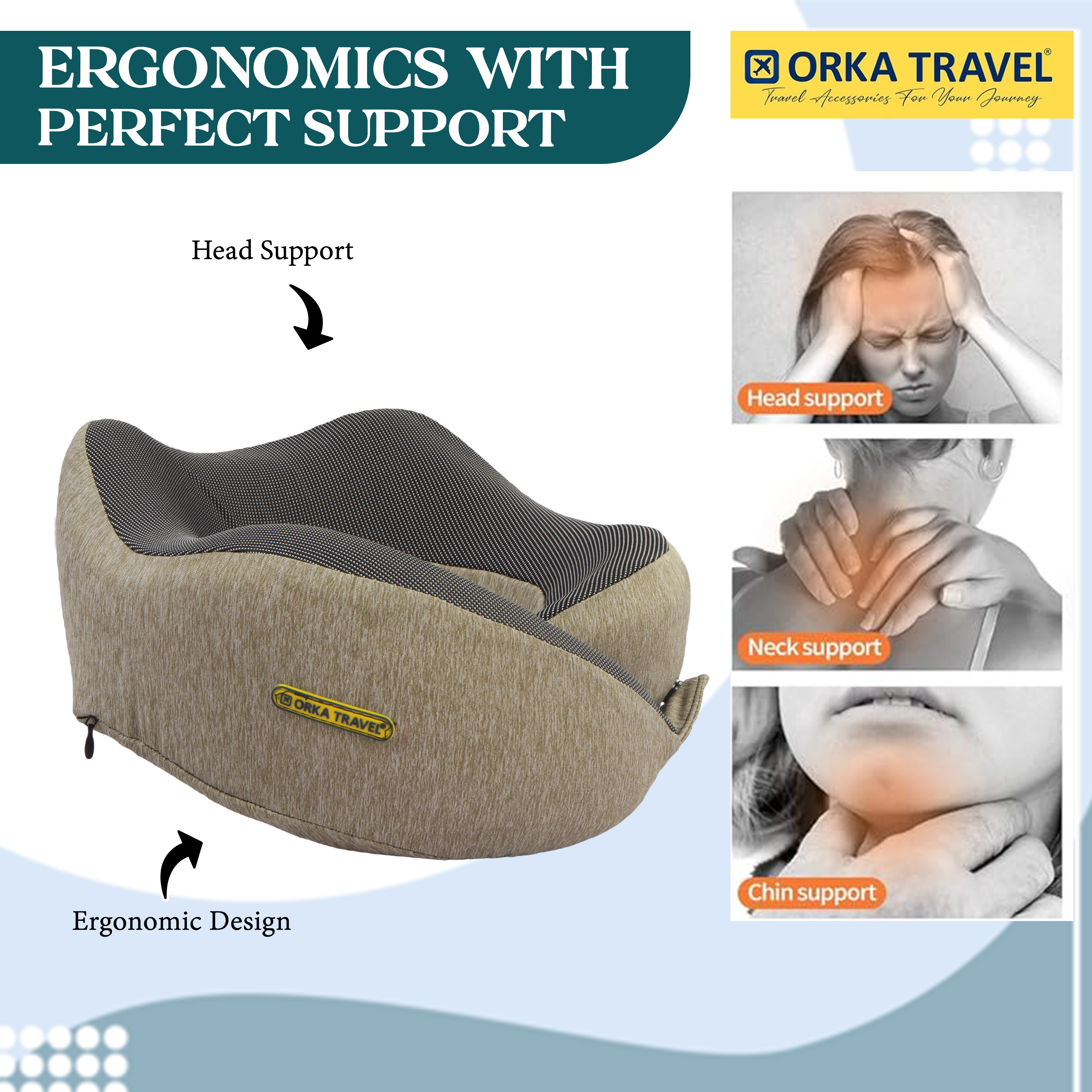 Orka Travel Cosmic 3 Adjustable Neck Buttons Memory Foam U Neck - Brown view 4